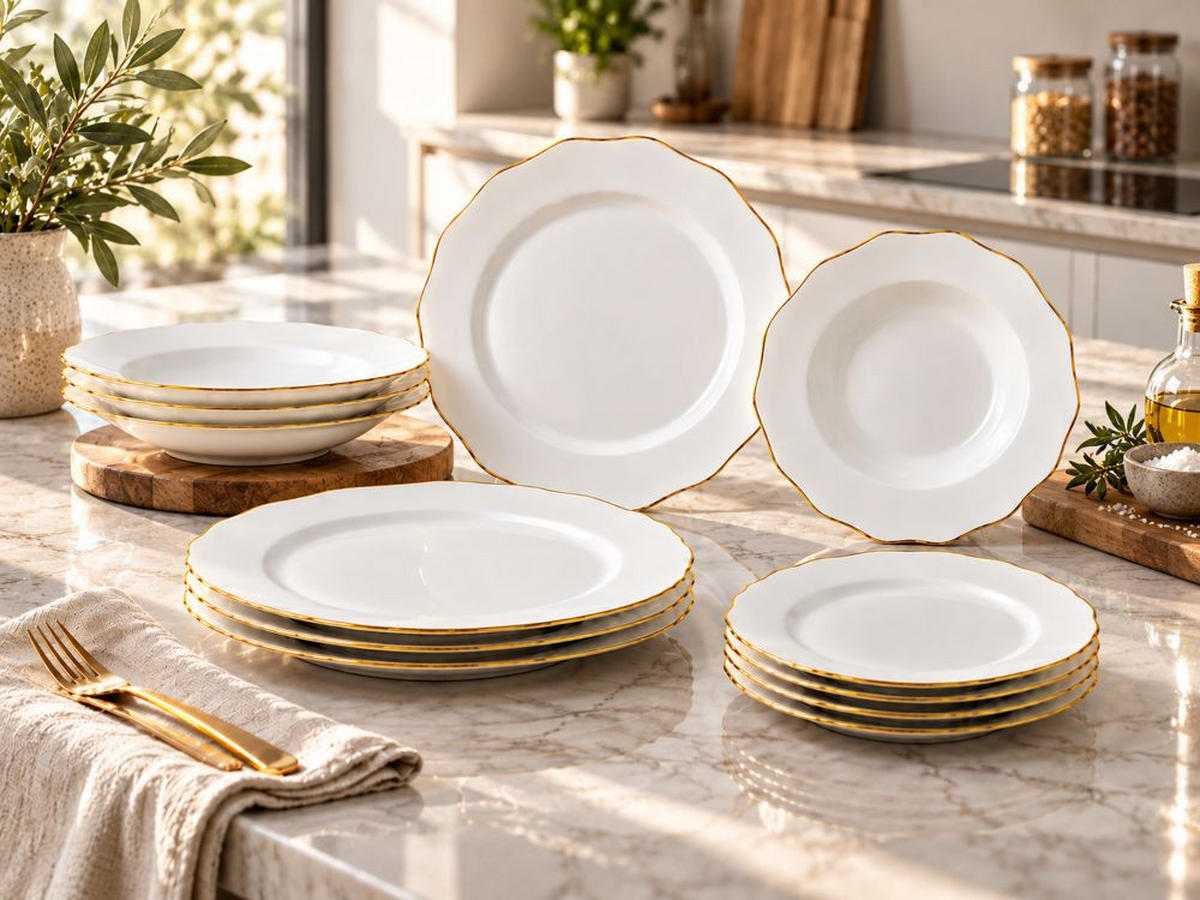 TAFELSERVICE 12-teilig 4 Personen Weiß, Goldfarben  - Goldfarben/Weiß, KONVENTIONELL, Keramik - Novel