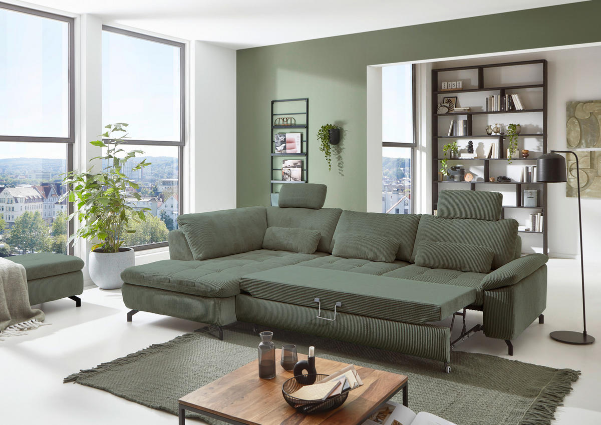 ECKSOFA in Cord, Velours Grün  - Schwarz/Grün, Design, Textil/Metall (197/291cm) - Beldomo Style