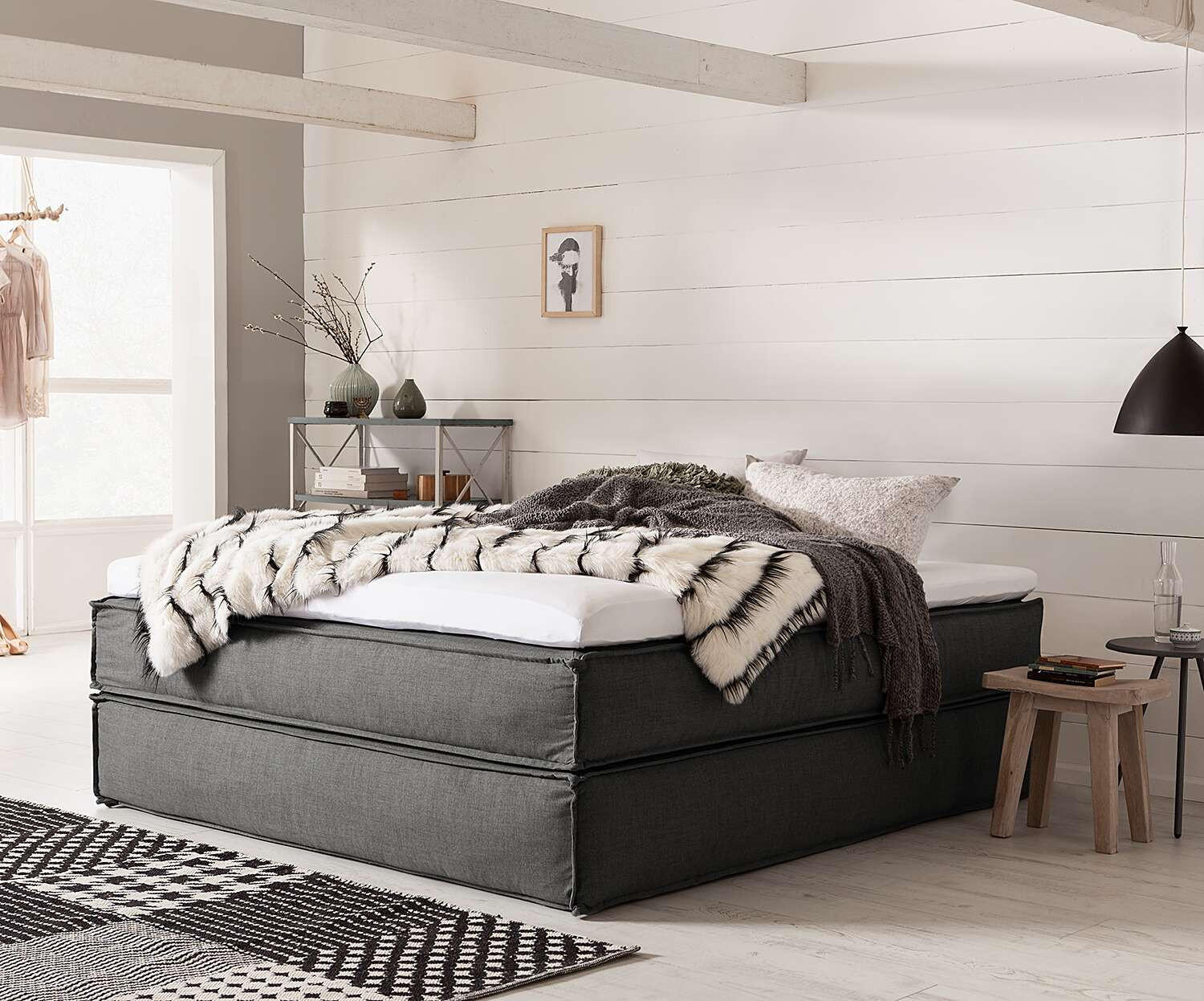 Thumbnail - home24 Boxspringbett, Anthrazit, Textil, H2 + H3, 7-Zonen, Höhe ca. 24 cm, 180x200 cm, Topper durchgehend, Partnermatrat...