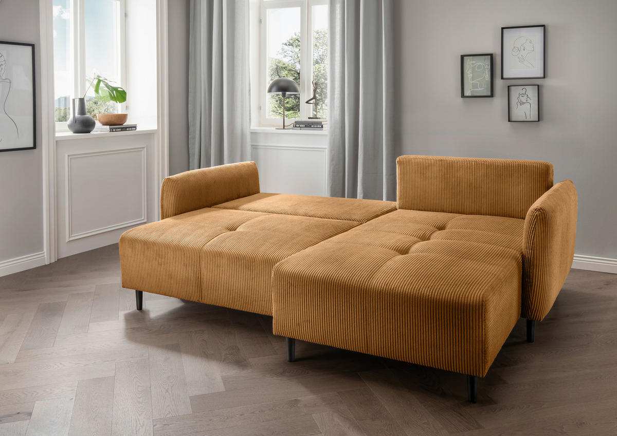 ECKSCHLAFSOFA in Cord Goldfarben  - Goldfarben/Schwarz, Basics, Holz/Textil (238/174cm) - Livetastic