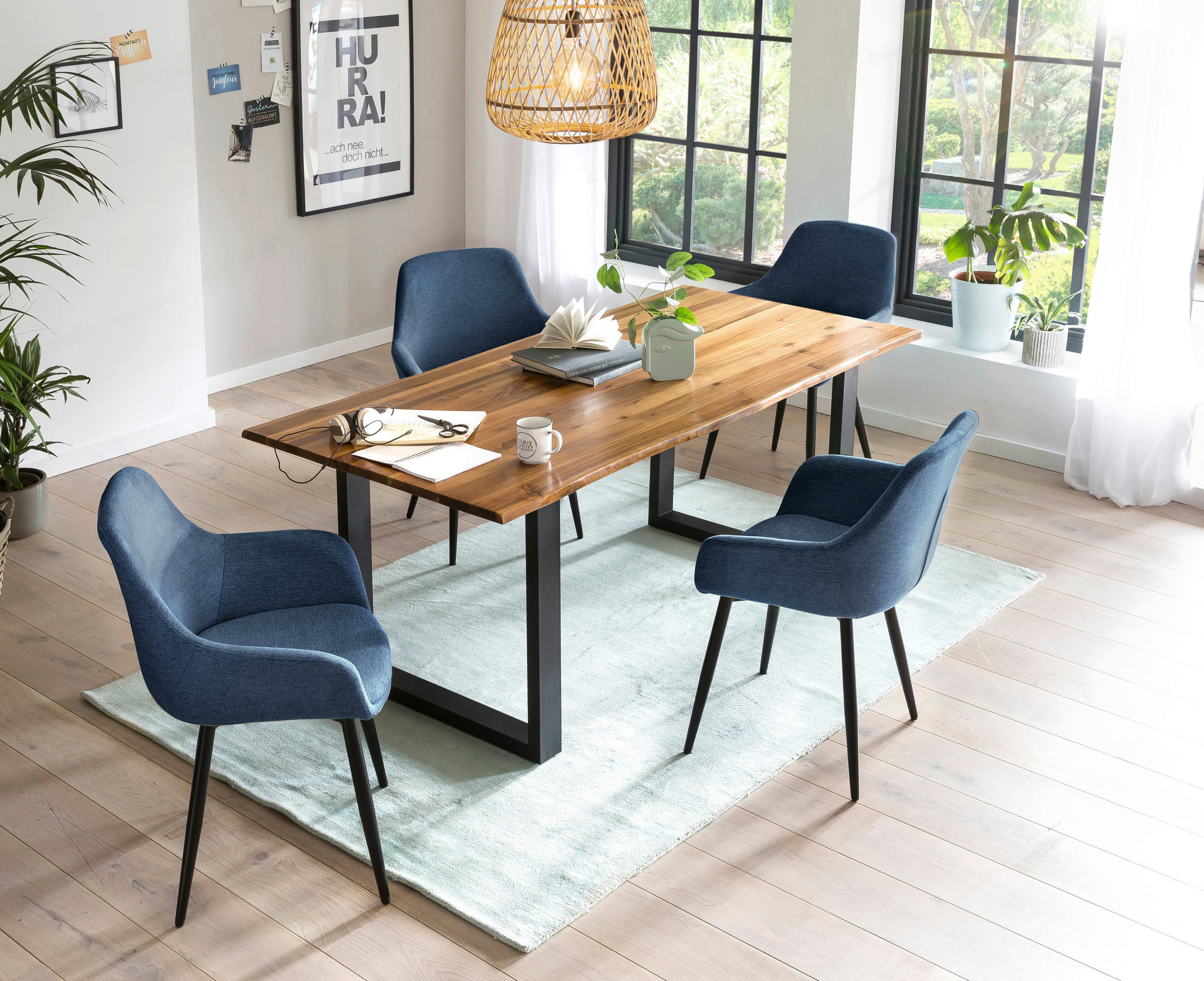TISCHGRUPPE Dunkelblau, Cognac  - Cognac/Dunkelblau, MODERN, Holz/Textil (160/85/77cm) - Livetastic