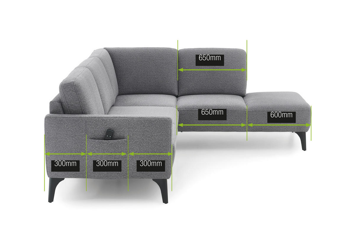 ECKSOFA Mikrofaser Grau  - Schwarz/Grau, Design, Textil/Metall (255/218cm) - Elegando