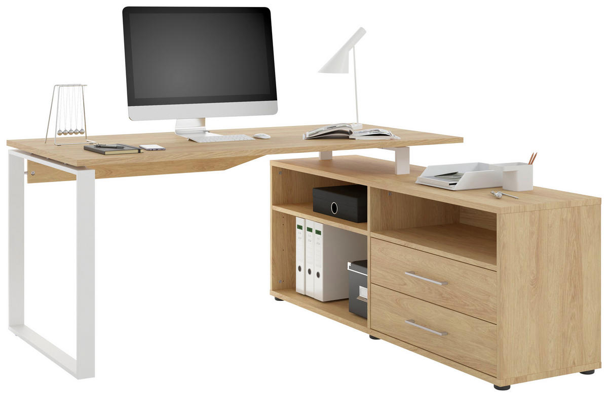 ECKSCHREIBTISCH 160/158/75 cm  in Hickory  - Alufarben/Weiß, Basics, Holzwerkstoff/Metall (160/158/75cm) - Novel