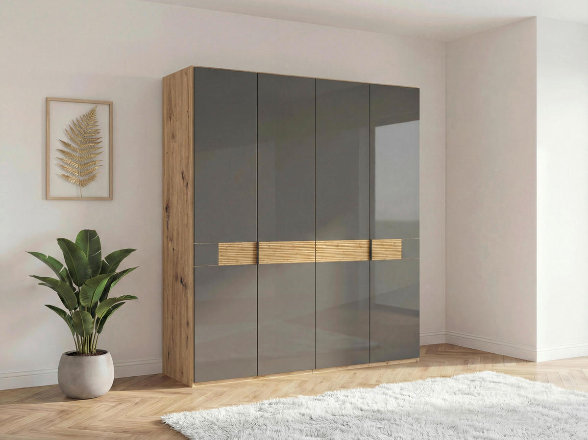 DREHTÜRENSCHRANK 200/216/58 cm,  in Braun, Eiche Bianco, 4 Tür(en)  - Schieferfarben/Eiche Bianco, Design, Glas/Holz (200/216/58cm) - Musterring