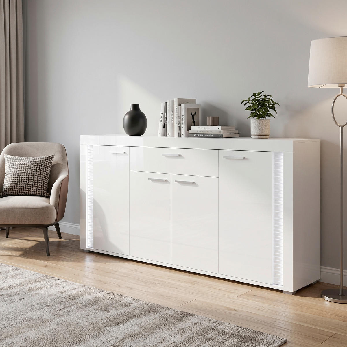 SIDEBOARD  182/84/42 cm  - Weiß Hochglanz/Silberfarben, Design, Holzwerkstoff/Kunststoff (182/84/42cm) - MID.YOU