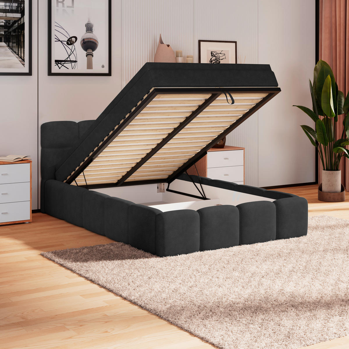 POLSTERBETT 120/200 cm,  in Schwarz, Matratze, Bettkasten, H3 = fest  - Schwarz/Weiß, Trend, Kunststoff/Textil (120/200cm)