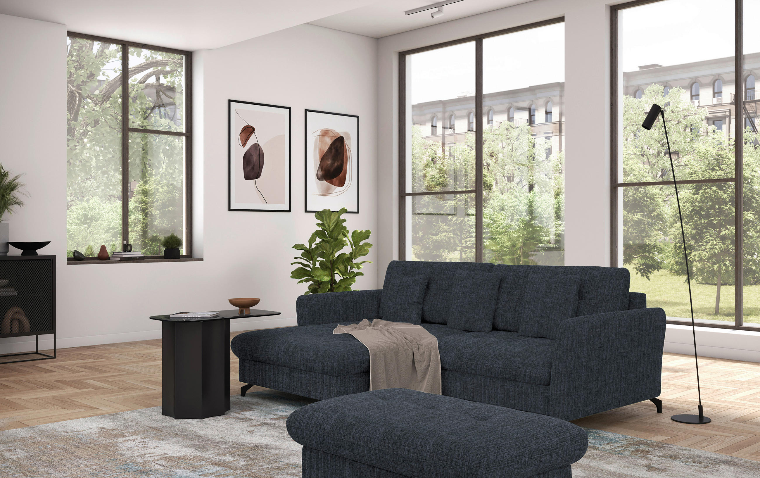 ECKSOFA in Flachgewebe, Leinenoptik Dunkelblau  - Schwarz/Dunkelblau, Design, Textil/Metall (170/242cm) - Xora