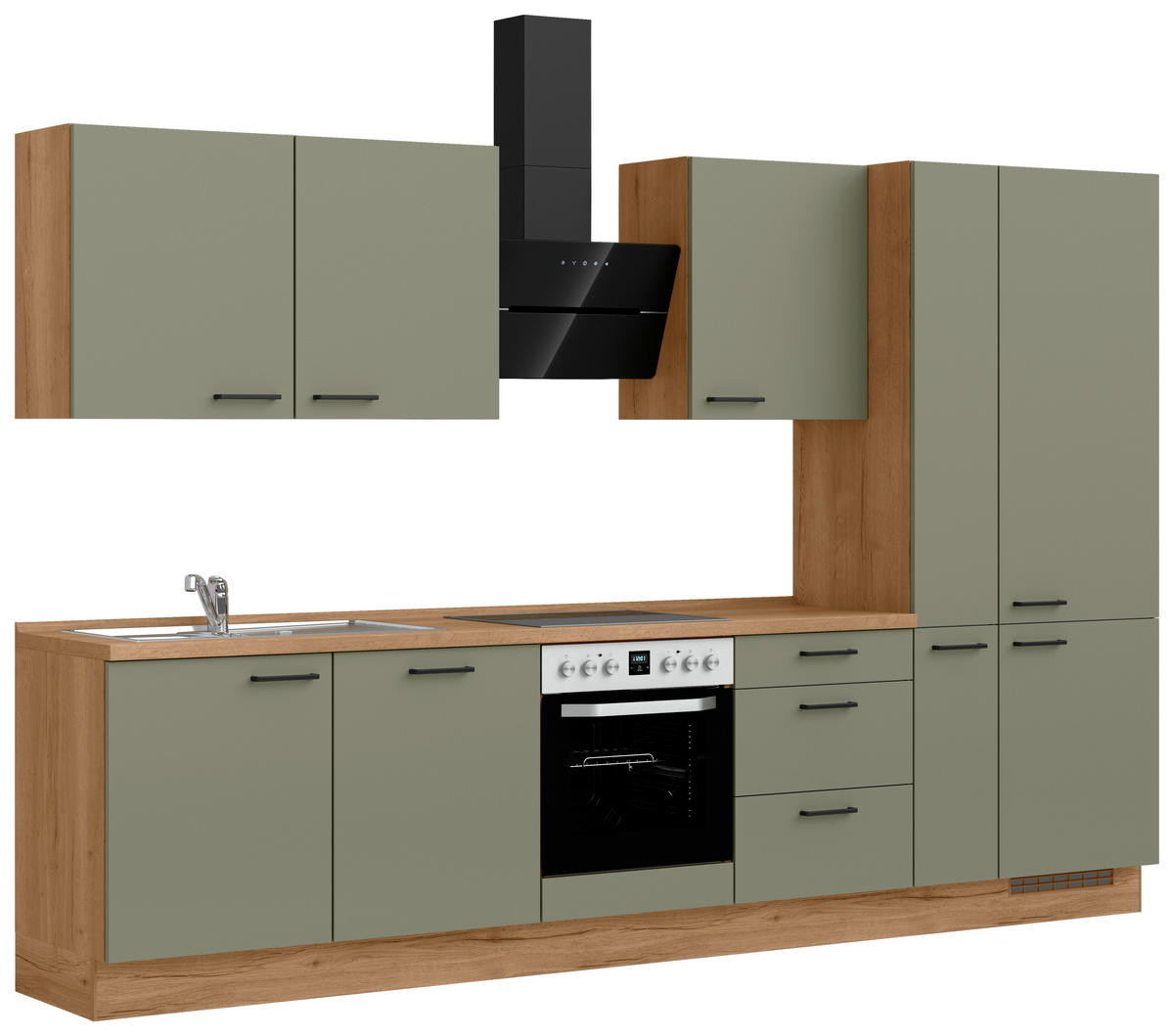 KÜCHENLEERBLOCK Senso 330 cm  in Eichefarben, Olivgrün  - Eichefarben/Schwarz, ROMANTIK / LANDHAUS, Holzwerkstoff/Metall (330cm) - Nobilia