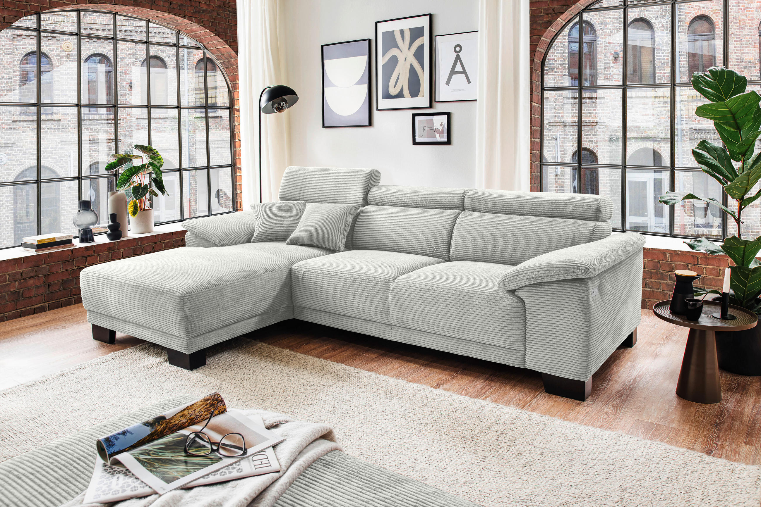 ECKSOFA in Cord Hellgrau  - Hellgrau/Schwarz, Design, Holz/Textil (174/270cm) - Pure Home Lifestyle