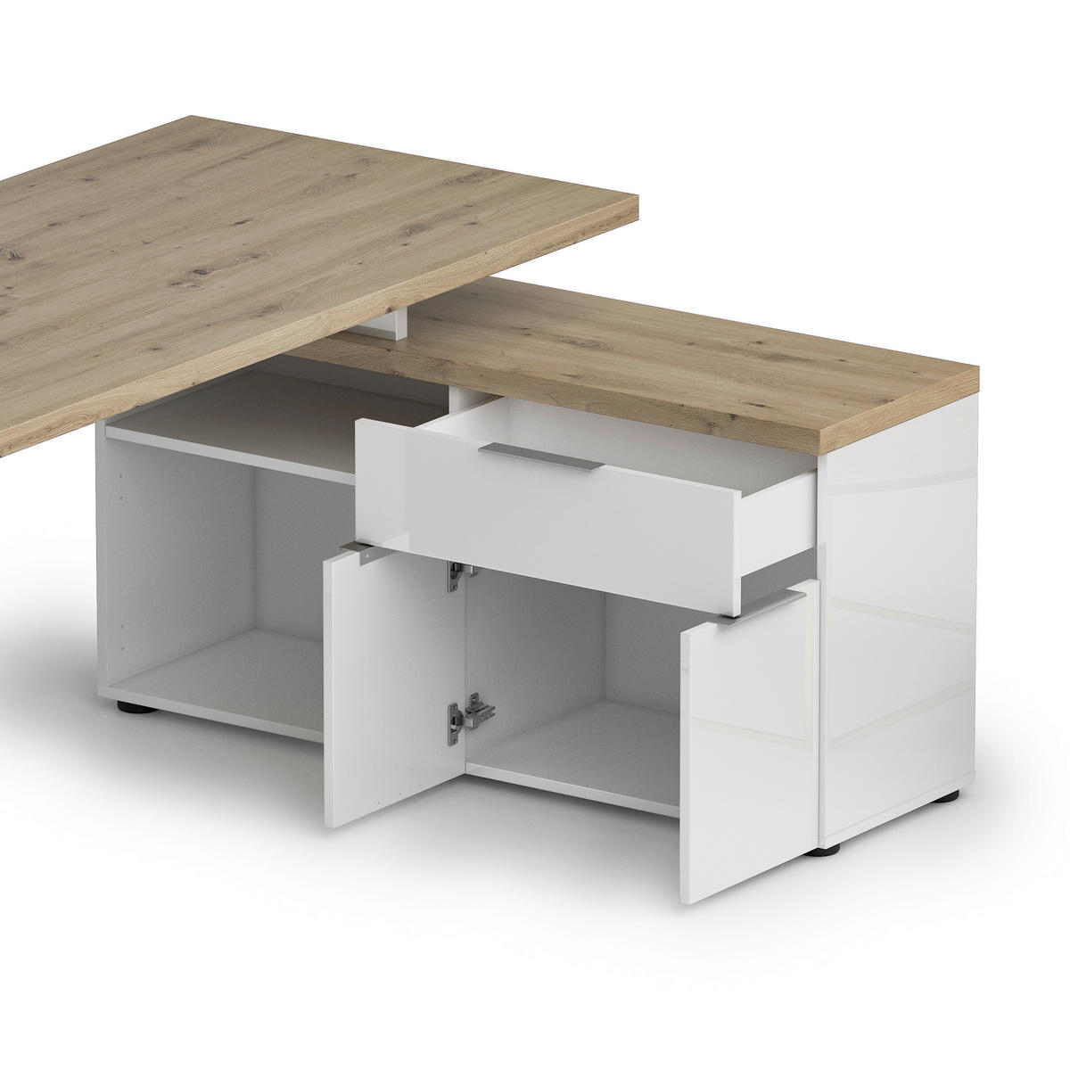 PISAĆI STOL KUTNI  bijela, boje hrasta  drvni materijal  - bijela/boje hrasta, Design, drvni materijal/metal (160/130,5/75cm)