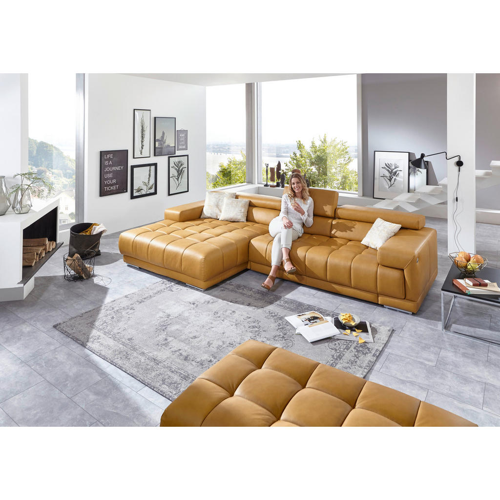 Thumbnail - Beldomo Speed Ecksofa, Currygelb, Leder, Echtleder, Semi-Anilinleder, Uni, 3-Sitzer, Ottomane rechts, L-Form, 335x190 cm...