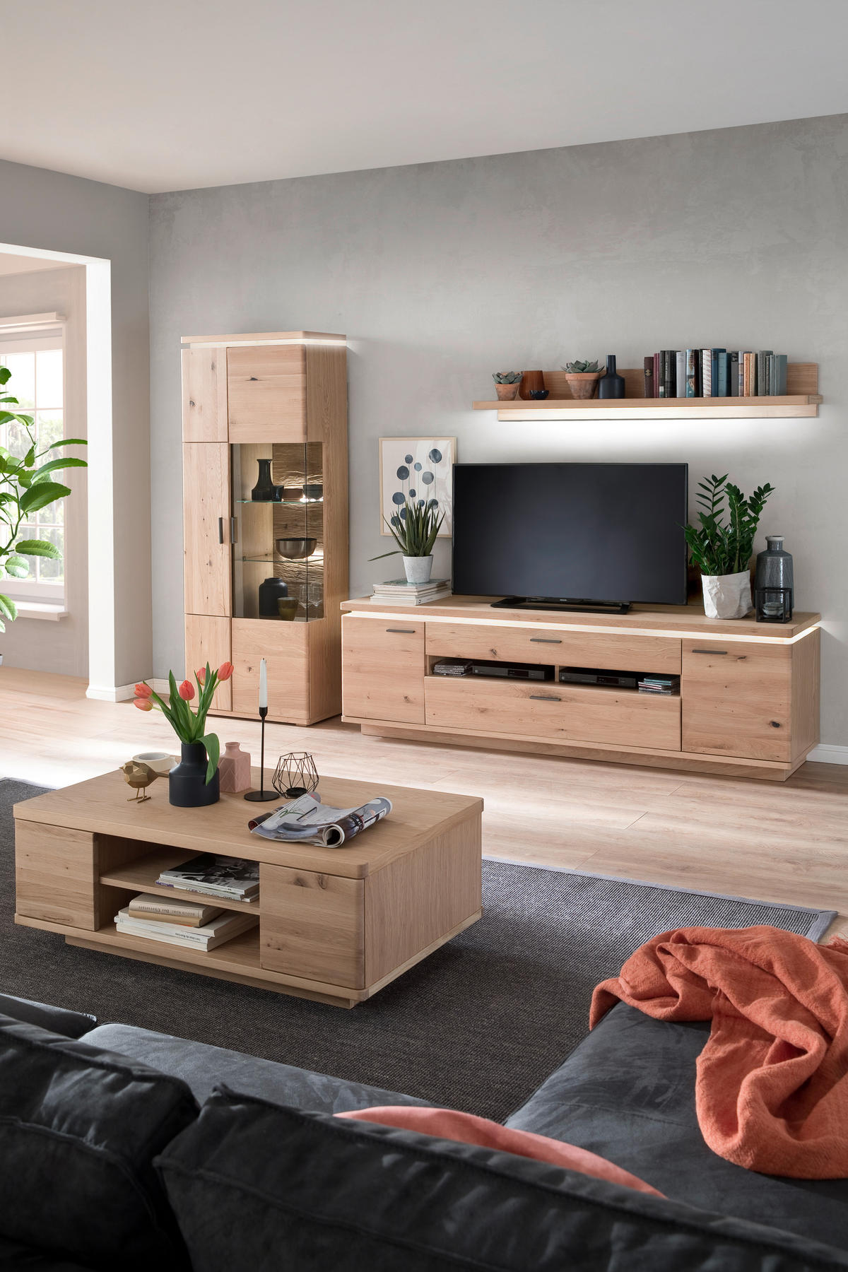 WOHNWAND  in Eichefarben  300/204/50 cm  - Eichefarben/Grau, Design, Glas/Holz (300/204/50cm) - Livetastic