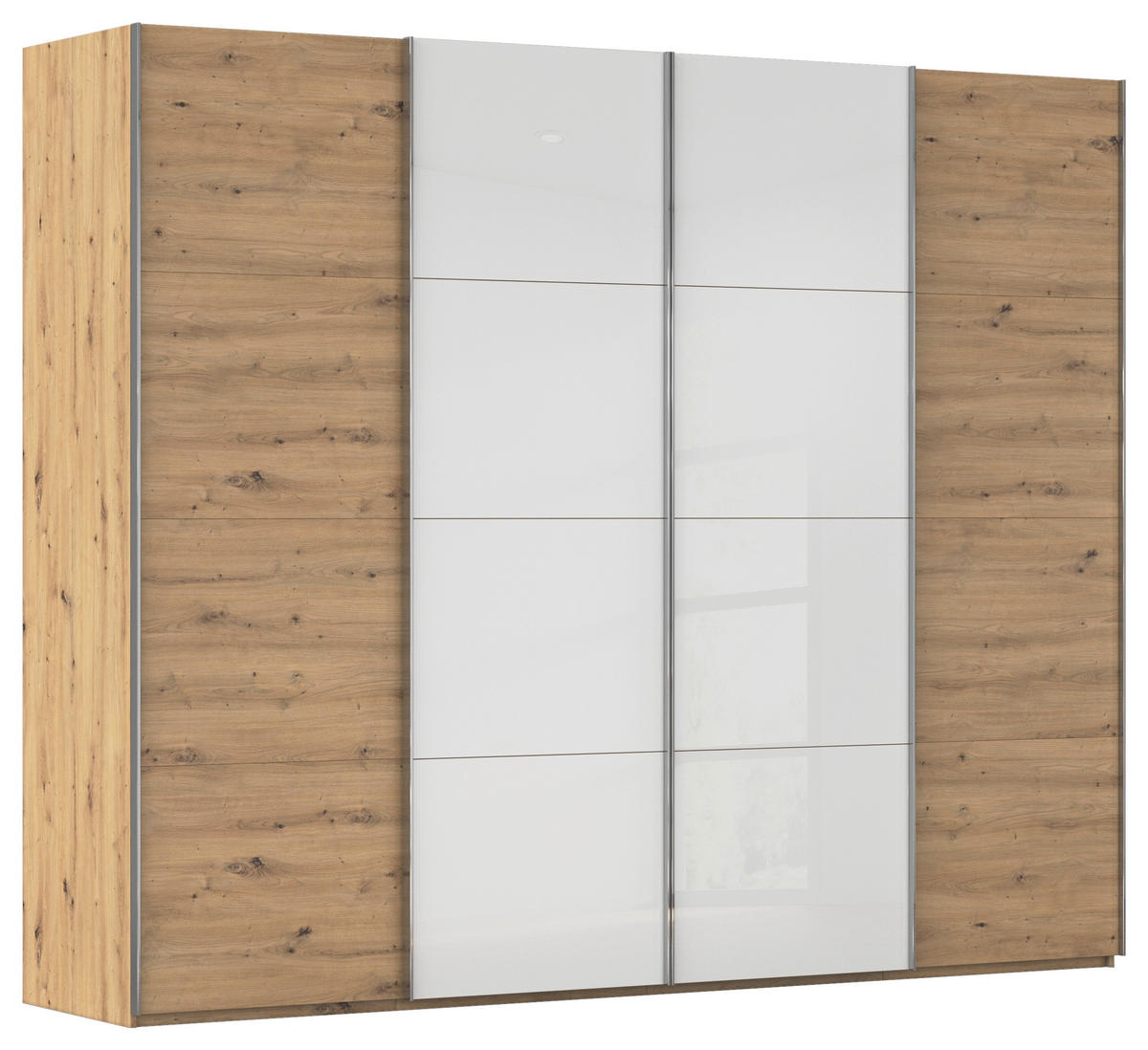 SCHWEBETÜRENSCHRANK 271/235/68 cm 4-türig Weiß, Eiche Artisan  - Chromfarben/Weiß, KONVENTIONELL, Glas/Holzwerkstoff (271/235/68cm) - Novel