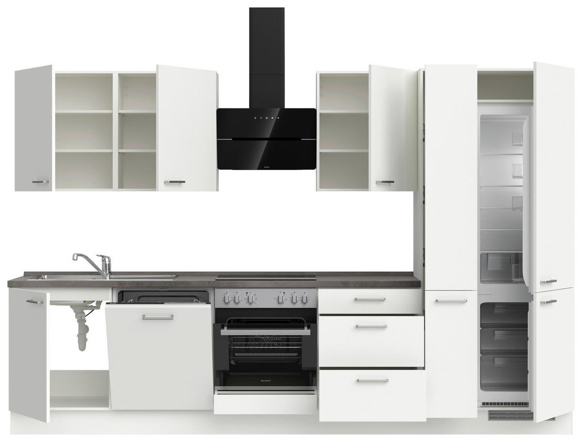 BUCĂTĂRIE FĂRĂ ELECTROCASNICE  - alb/culoare inox, Modern, metal/material pe bază de lemn (330cm) - Nobilia