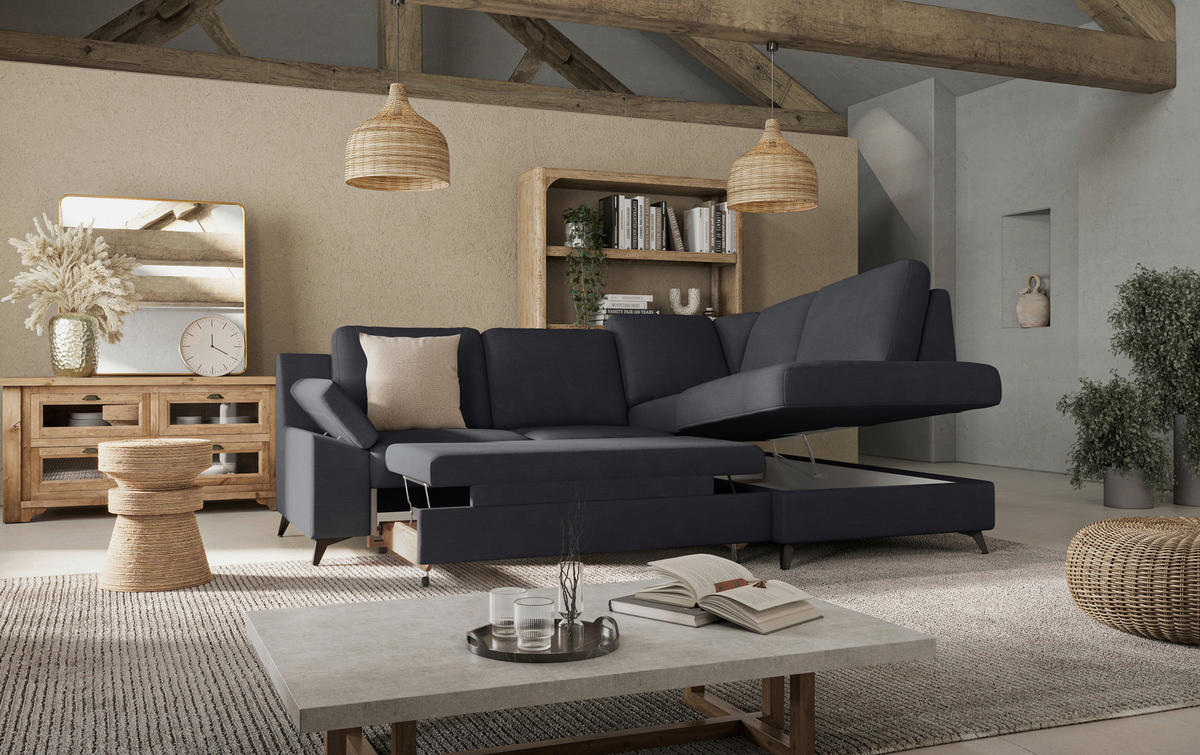 ECKSOFA in Flachgewebe Dunkelblau  - Schwarz/Dunkelblau, Konventionell, Textil/Metall (242/170cm) - Cotta