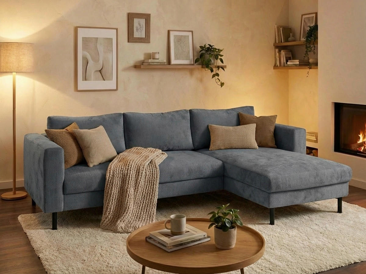 ECKSOFA Dunkelgrau Cord  - Dunkelgrau/Schwarz, MODERN, Textil/Metall (232/161cm) - Trendmanufaktur