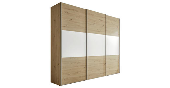 SCHWEBETÜRENSCHRANK  in Weiß, Eiche Artisan  - Alufarben/Eiche Artisan, Holzwerkstoff/Metall (298/222/68cm) - Moderano