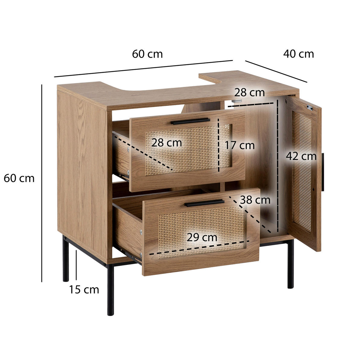 WASCHBECKENUNTERSCHRANK 60/60/40 cm  - Eichefarben/Schwarz, Design, Holzwerkstoff/Metall (60/60/40cm) - MID.YOU