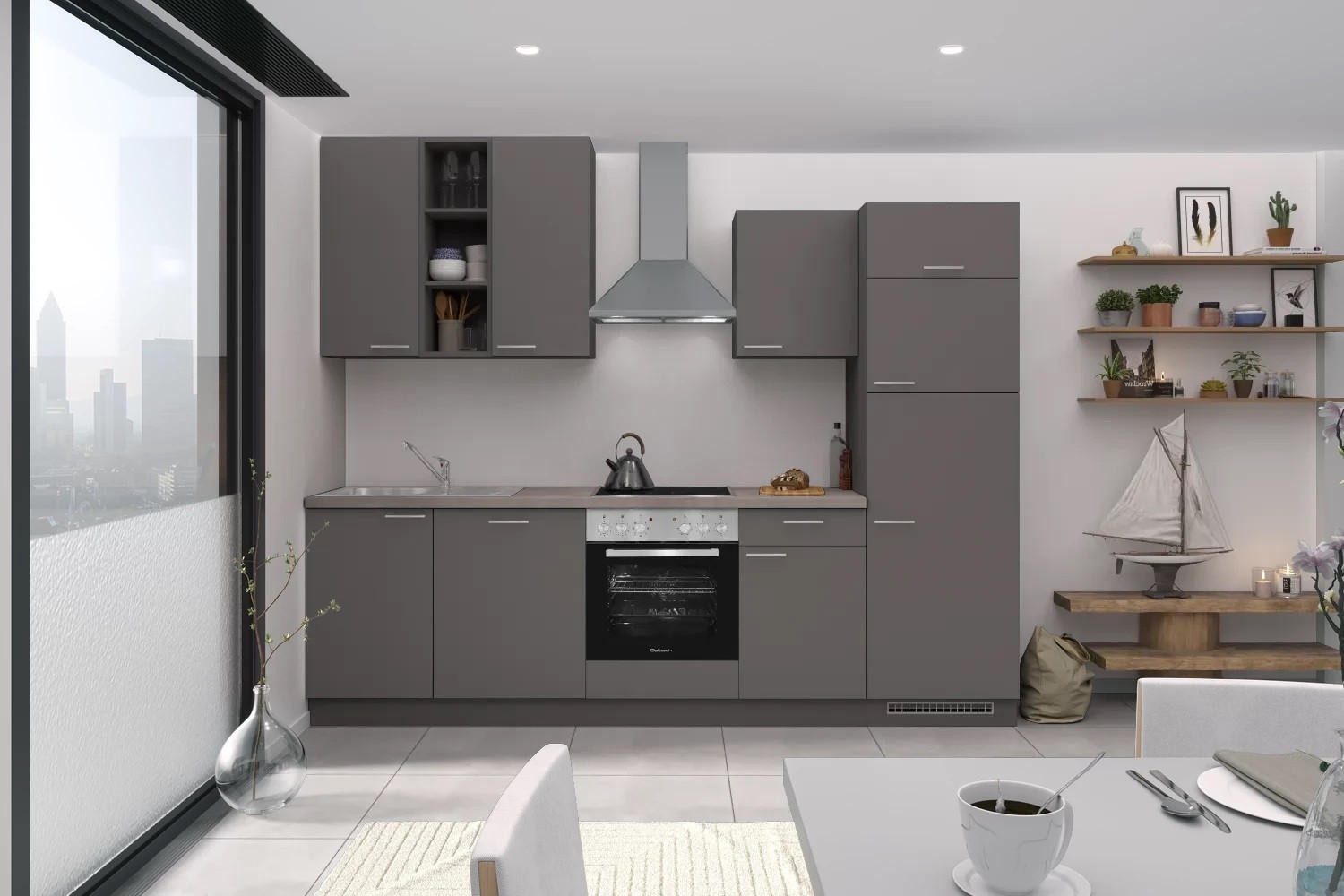 Küchenzeile Grau mit Geräten B: 280 cm