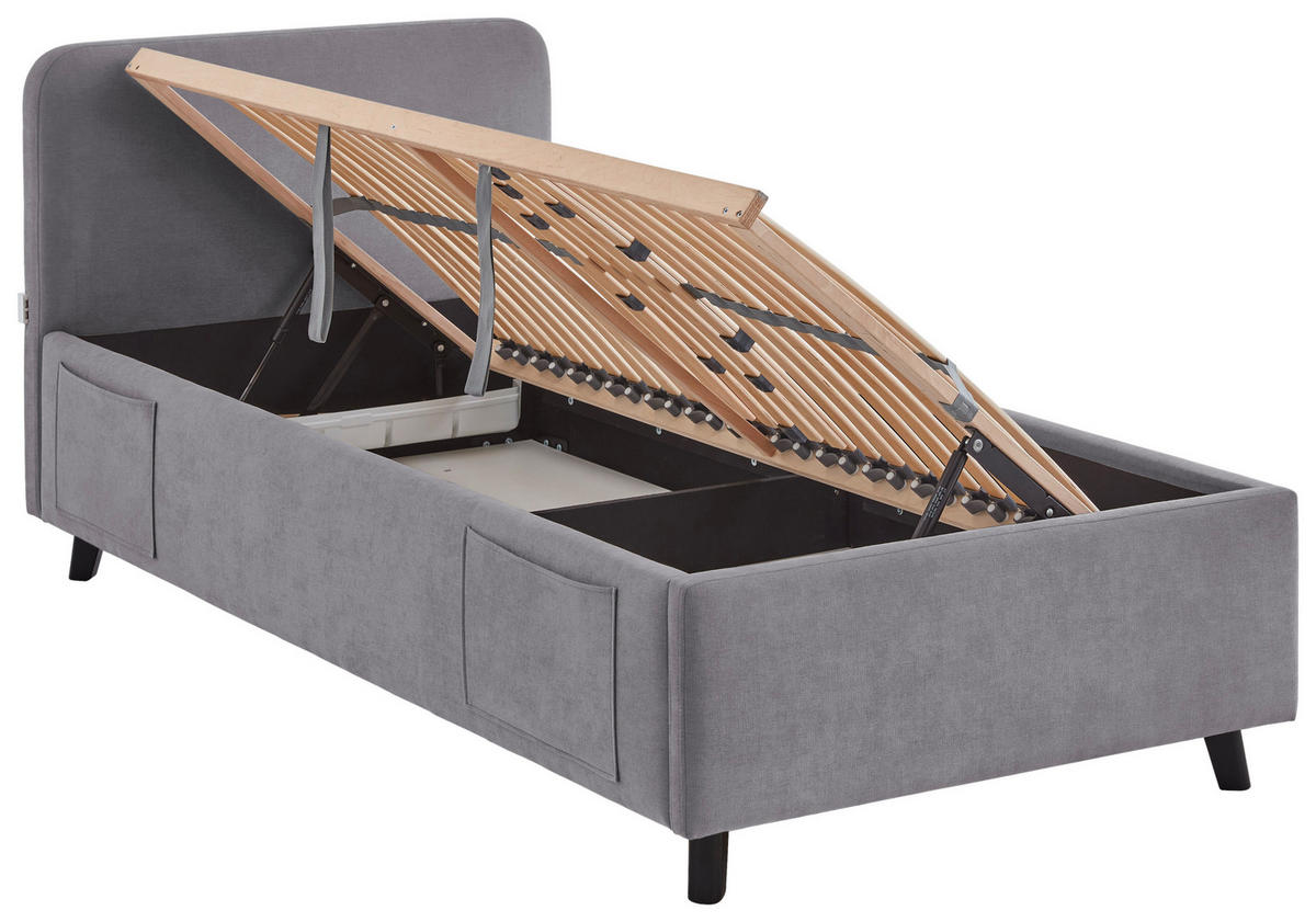 POLSTERBETT 90/200 cm,  in Grau, Schwarz, Lattenrost, Bettkasten, Betttasche,  - Birkefarben/Buchefarben, KONVENTIONELL, Holz/Textil (90/200cm) - Boxxx