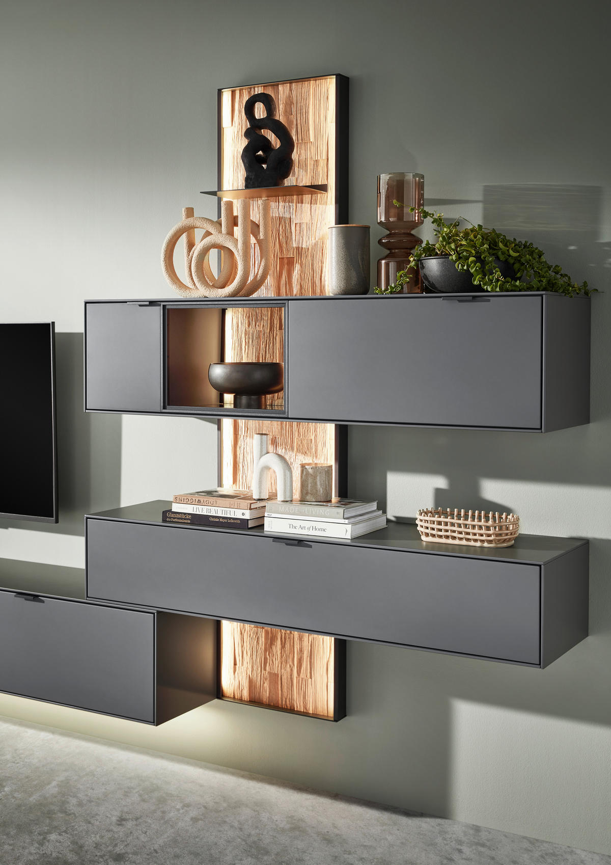 WOHNWAND 4-teilig  in Graphitfarben, Wildeiche 334,5/217,4/37,1 cm  - Wildeiche/Schwarz, Design, Glas/Holz (334,5/217,4/37,1cm) - Dieter Knoll