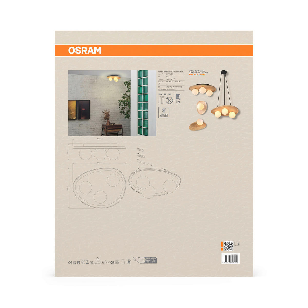 DECKENLEUCHTE    50/38,5/15,5 cm  - Naturfarben, Basics, Glas/Holz (50/38,5/15,5cm) - Osram