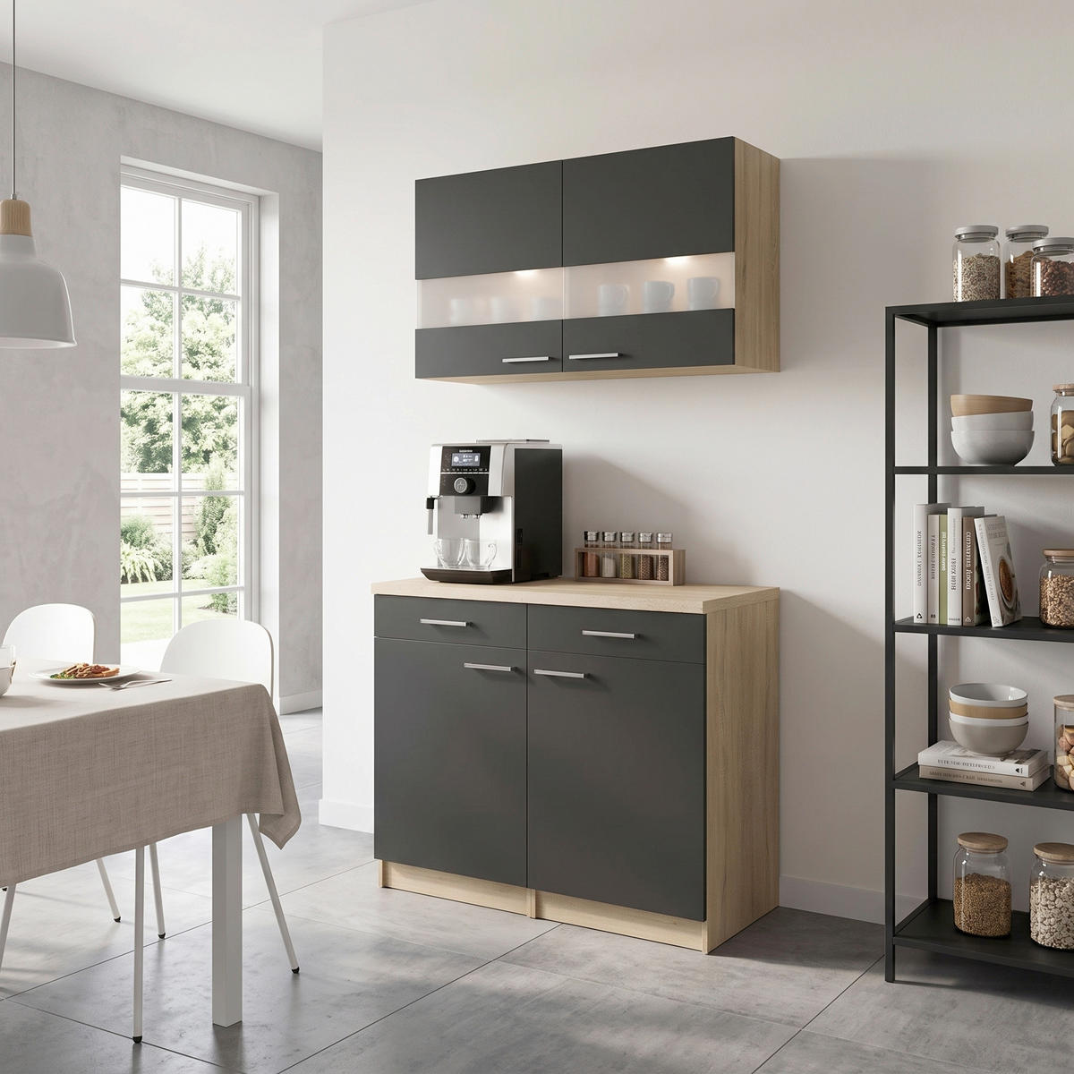 BUFFET 100/200/60 cm  in Schwarz, Eichefarben  - Eichefarben/Silberfarben, Basics, Glas/Holzwerkstoff (100/200/60cm) - Respekta