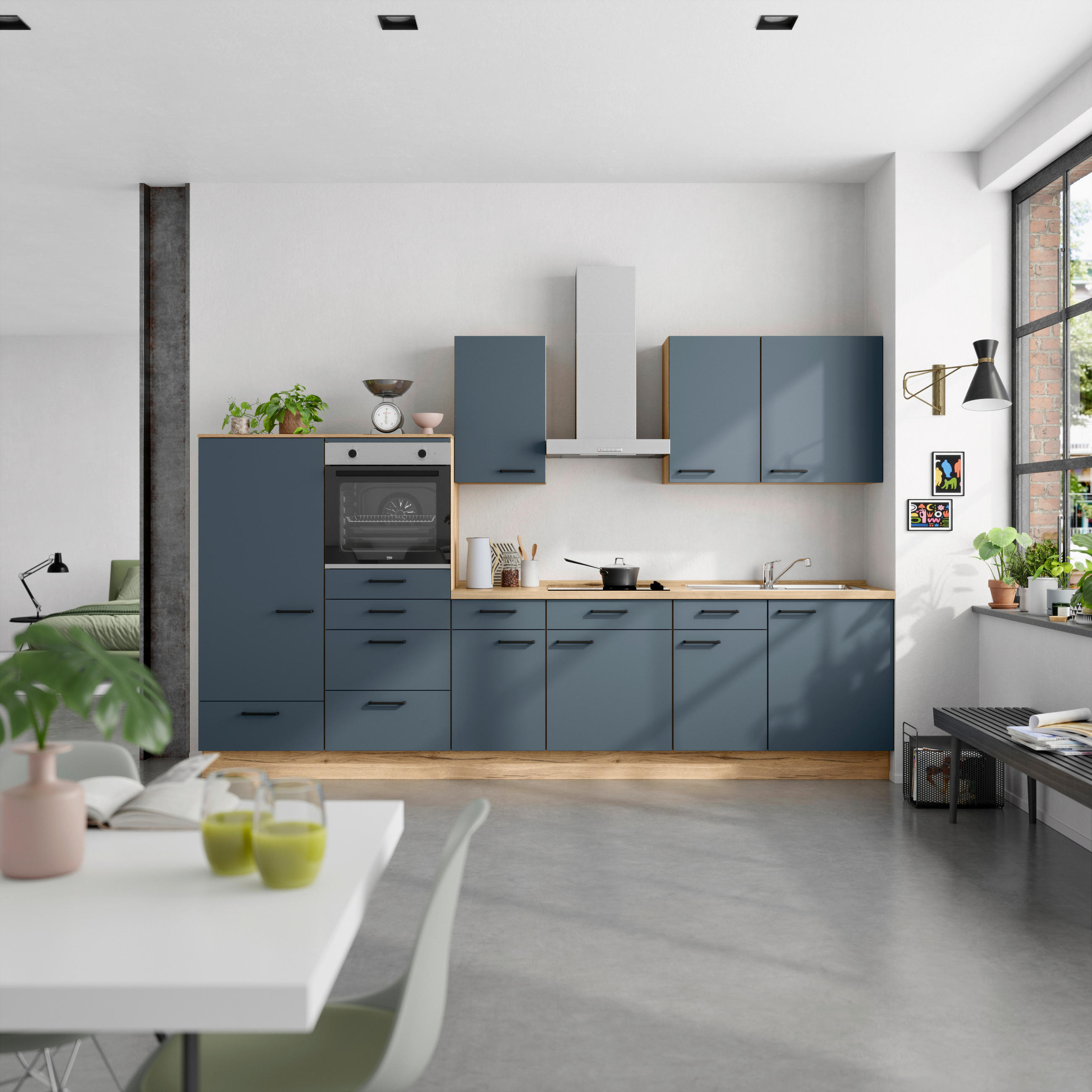 KÜCHENBLOCK 330 cm   in Eichefarben, Dunkelblau  - Eichefarben/Schwarz, MODERN, Holzwerkstoff/Metall (330cm) - Nobilia