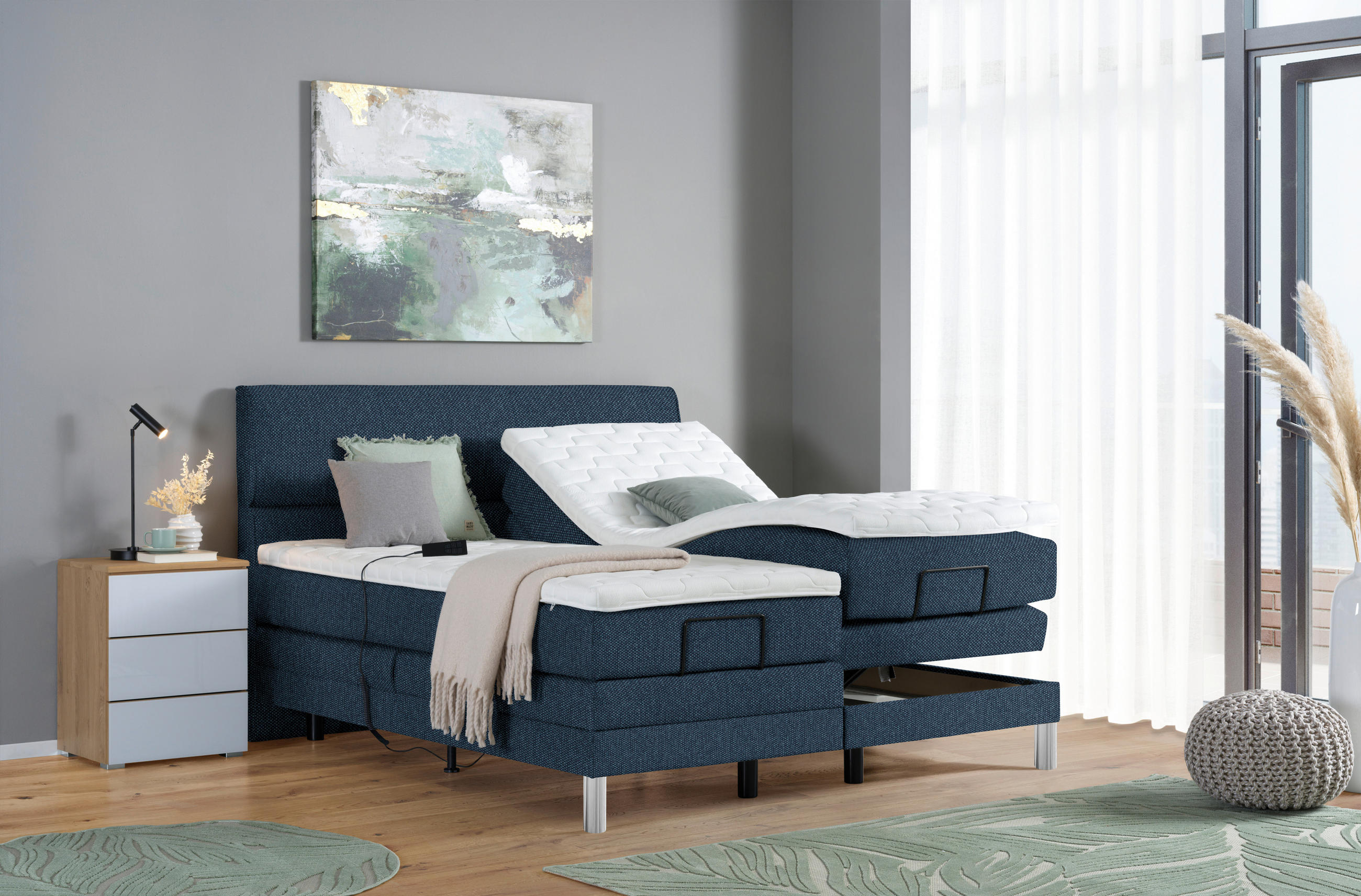 Thumbnail - Voleo Boxspringbett, Blau, Textil, H2 + H3, 7-Zonen, Höhe ca. 19 cm, 180x200 cm, Über- und Sondergrößen erhältlich, gepo...