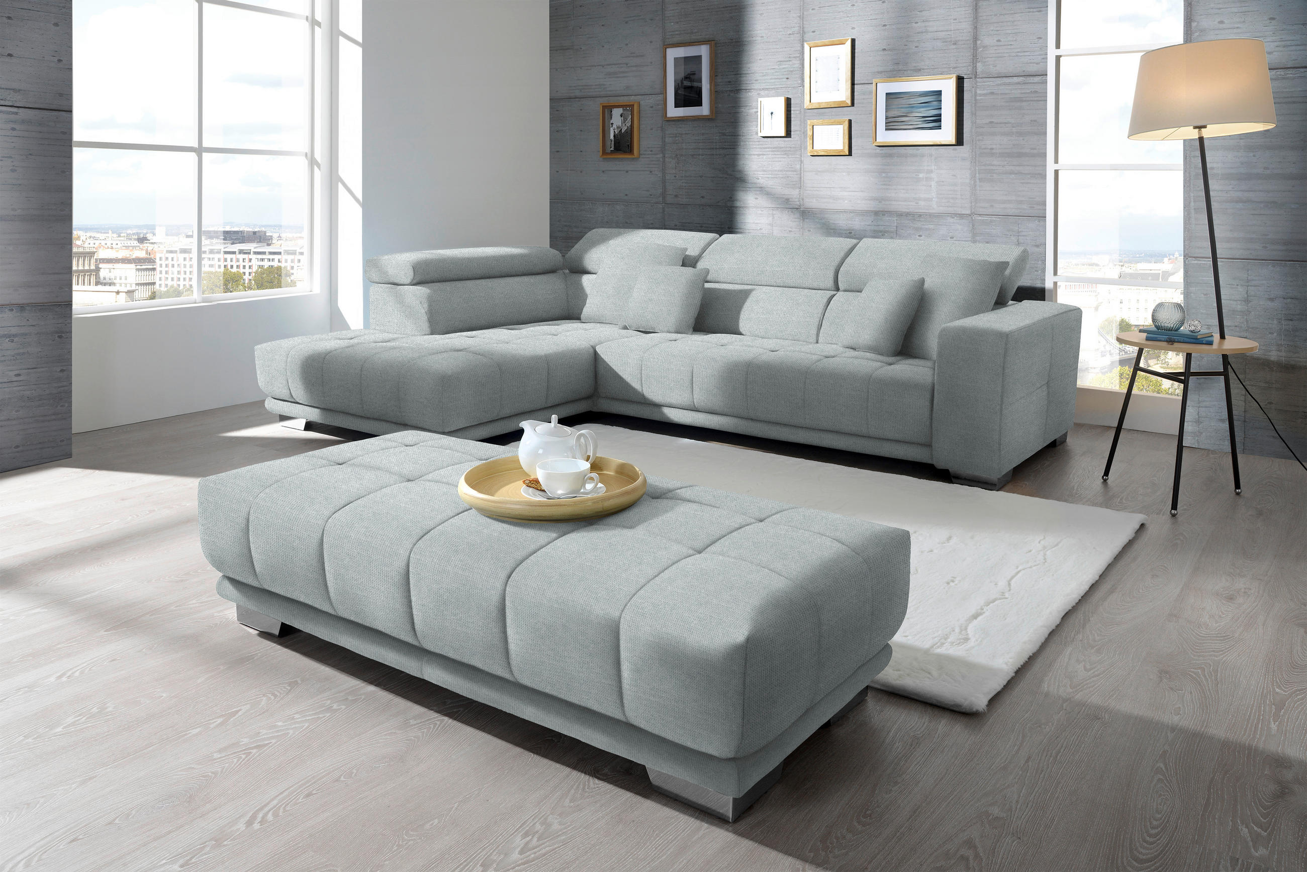 ECKSOFA in Mikrofaser Platinfarben  - Platinfarben/Chromfarben, Design, Textil/Metall (207/301cm) - Xora