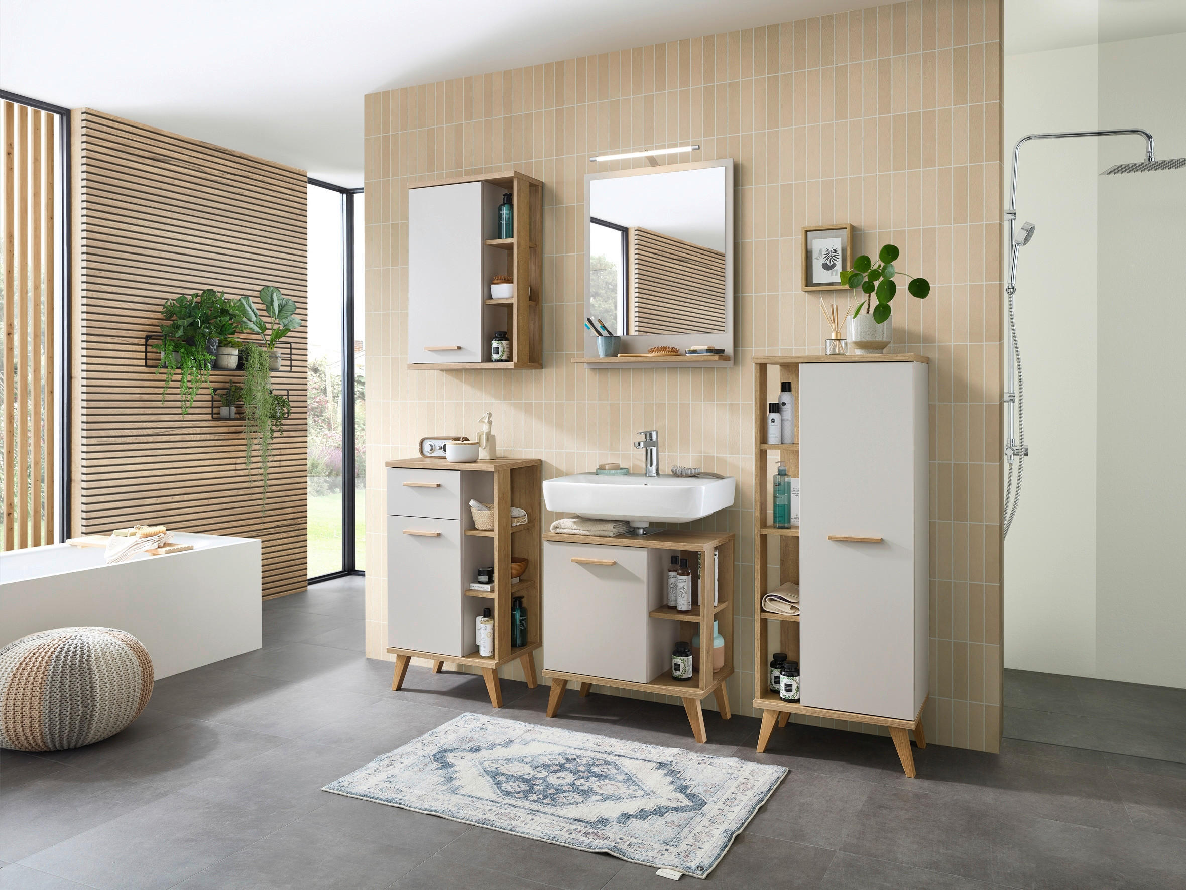 MIDISCHRANK 50,5/128/33 cm  - Kaschmir/Eichefarben, ROMANTIK / LANDHAUS, Glas/Holzwerkstoff (50,5/128/33cm) - Xora