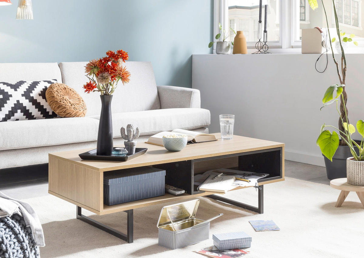 COUCHTISCH 110/55/38 cm rechteckig Naturfarben, Schwarz  - Schwarz/Naturfarben, Design, Holzwerkstoff/Metall (110/55/38cm) - Livetastic