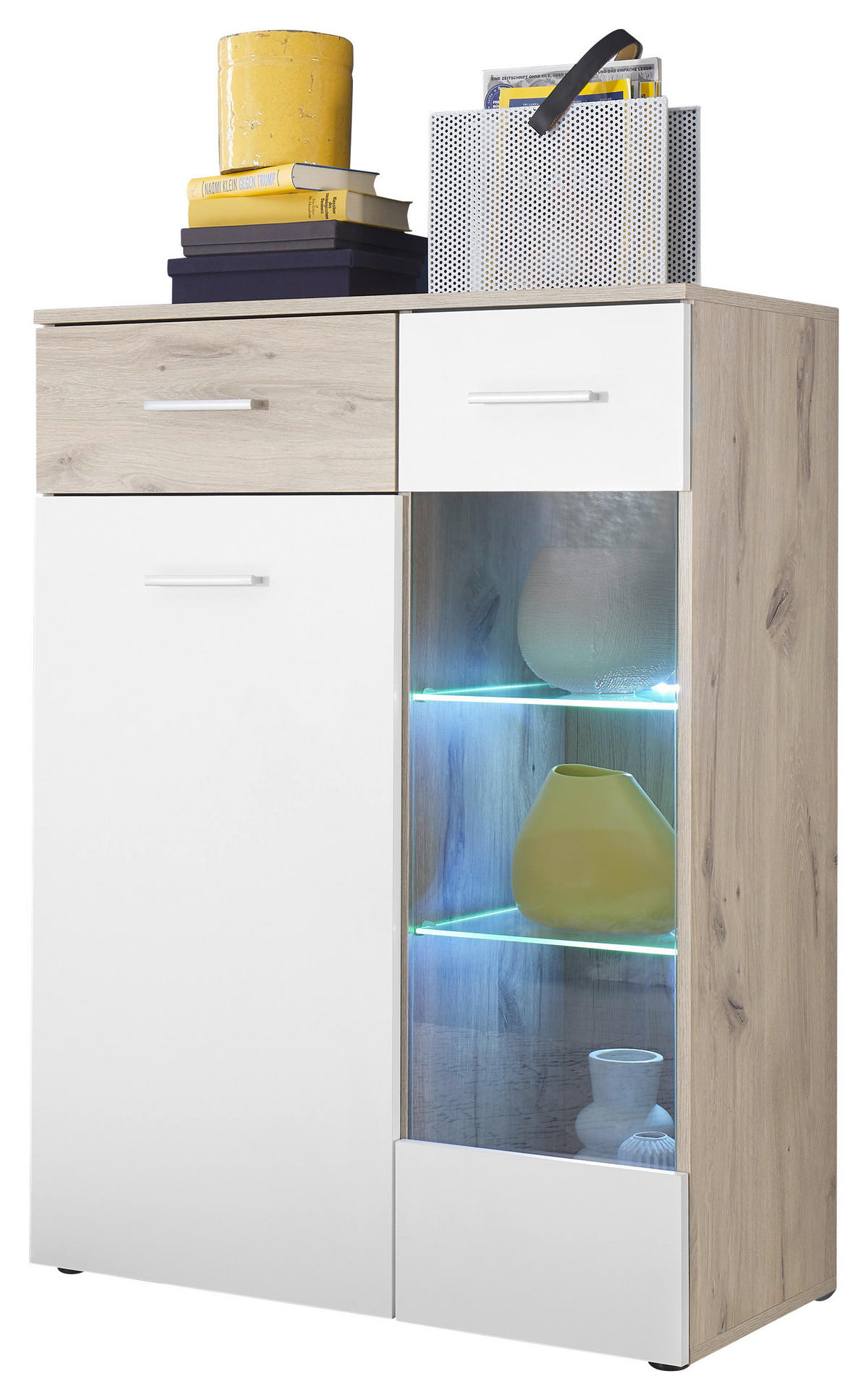 VITRINE  in Weiß, Eichefarben - Eichefarben/Silberfarben, Design, Glas/Holzwerkstoff (85/113/40cm) - MID.YOU