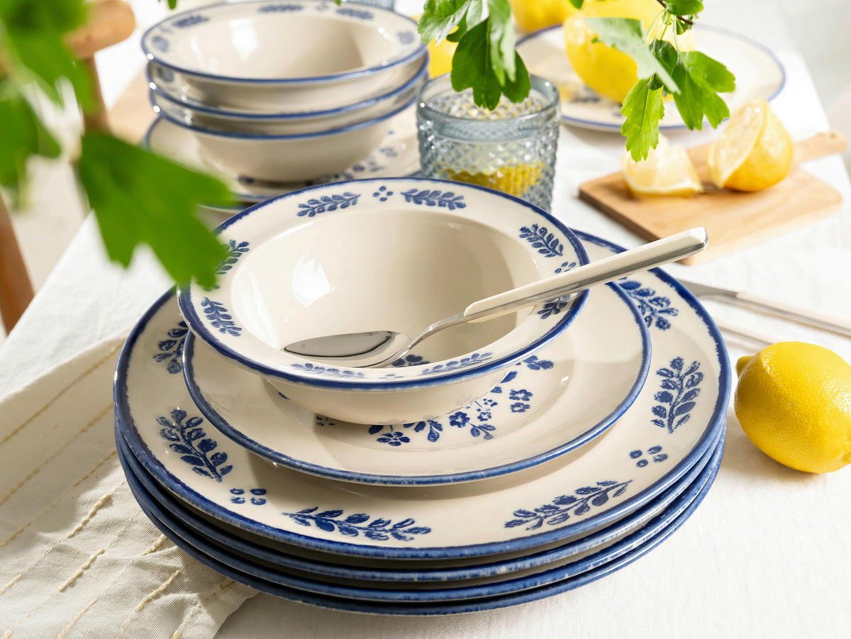 TAFELSERVICE Blau, Weiß Rondo Cottage 12-teilig 4 Personen  - Blau/Weiß, Basics, Keramik - Creatable