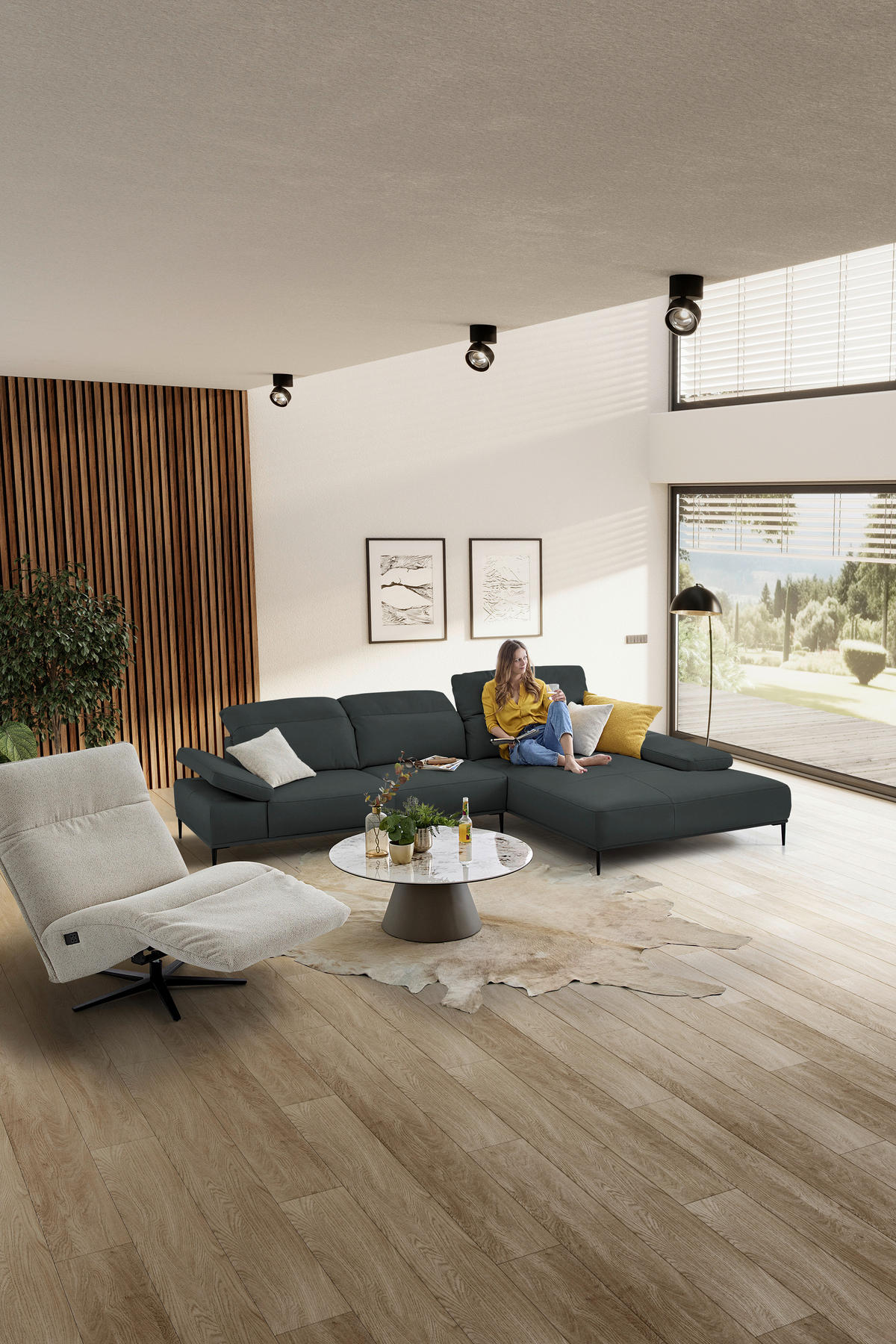 ECKSOFA  in Echtleder Schwarz  322/206 cm  - Schwarz, MODERN, Leder/Metall (322/206cm) - Chilliano