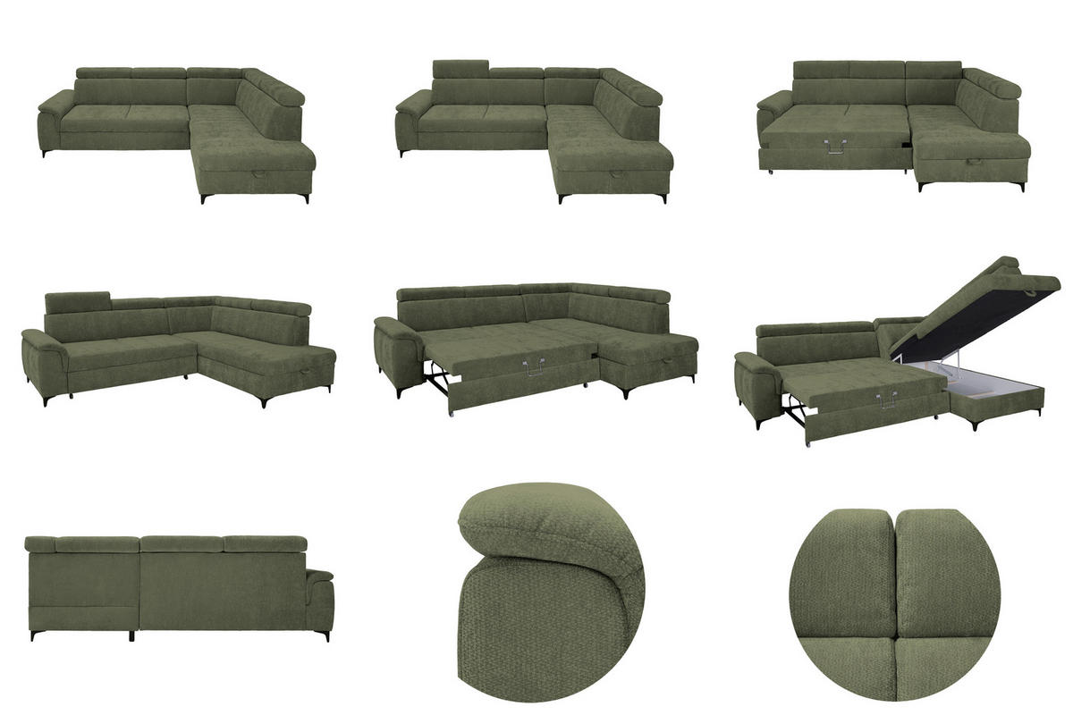 ECKSOFA Dunkelgrün Chenille Bettkasten, Schlaffunktion, Rücken echt, Kopfteilverstellung, Liegefläche im Originalstoff  - Dunkelgrün/Schwarz, KONVENTIONELL, Textil/Metall (265/206cm) - Carryhome