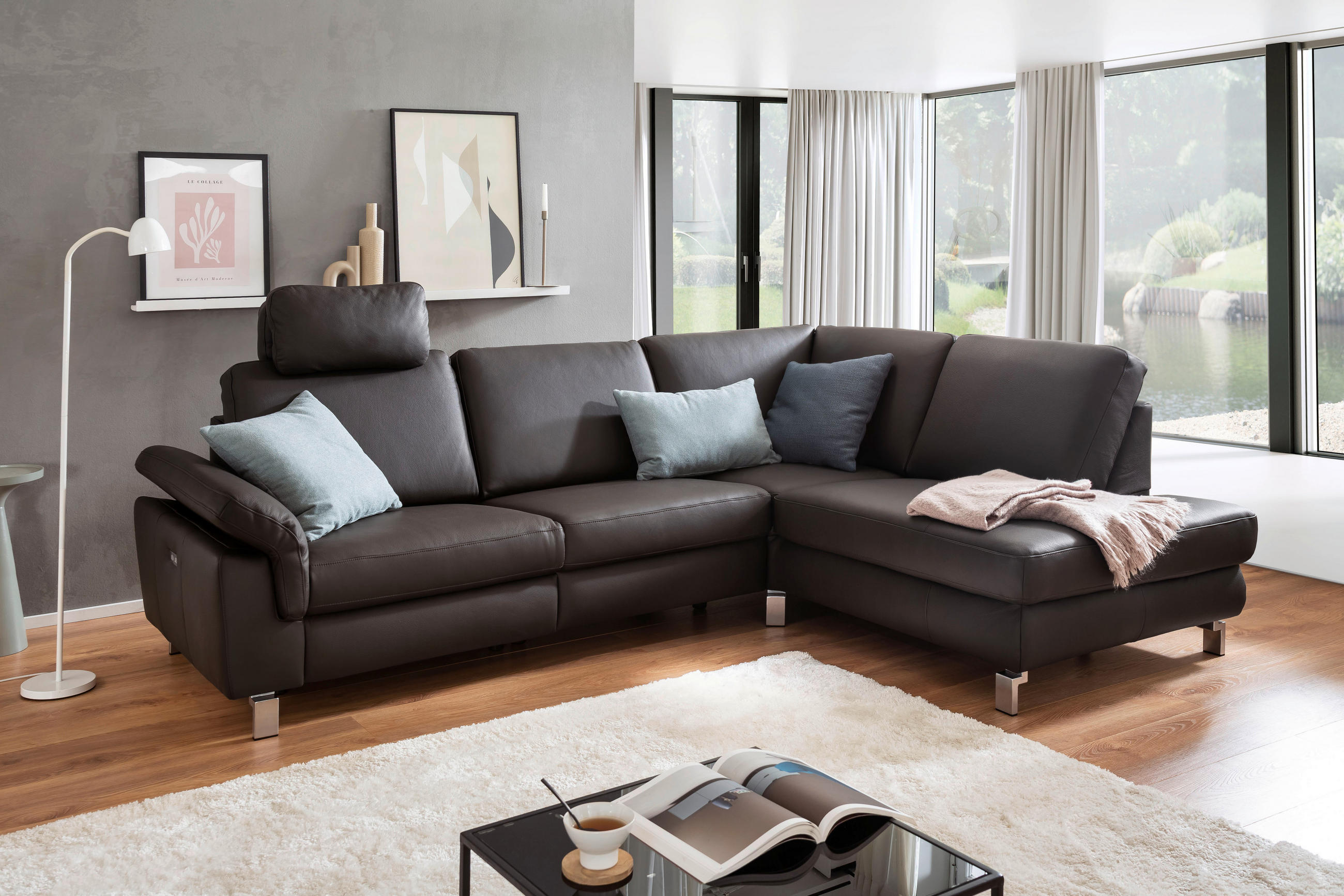 ECKSOFA Braun Echtleder  - Chromfarben/Braun, Design, Leder/Metall (271/200cm) - Pure Home Lifestyle