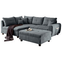 ECKSOFA inkl. Hocker Anthrazit Mikrovelours Zierkissen, Rückenkissen, Rücken echt, Hocker  - Anthrazit/Schwarz, Basics, Kunststoff/Textil (176/248cm) - MID.YOU