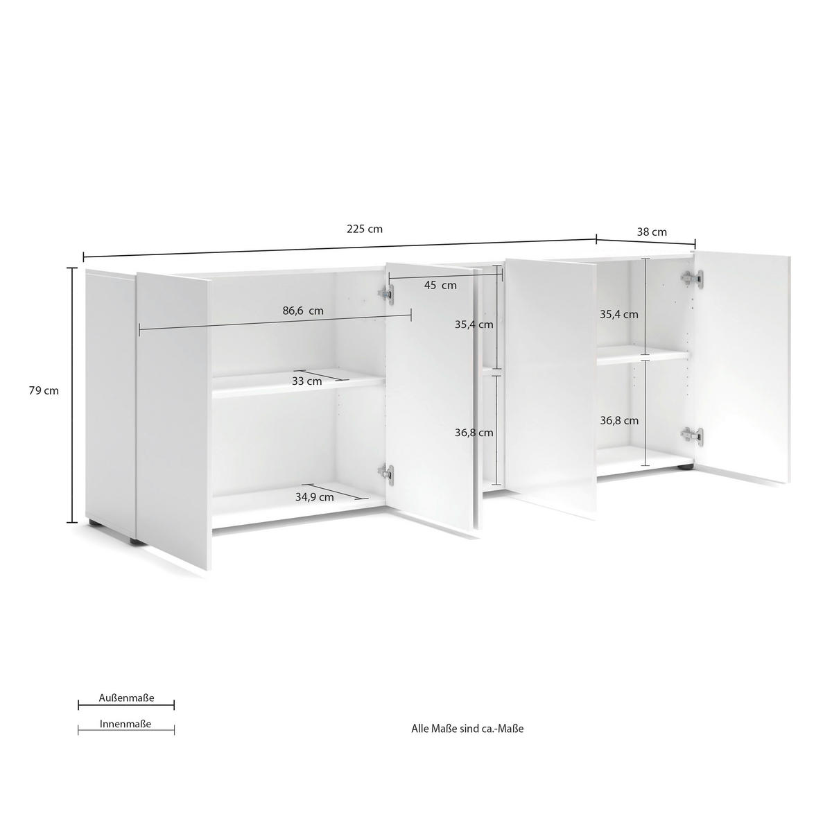 SIDEBOARD 225/79/38 cm  in Weiss Hochglanz  - Weiss Hochglanz/Schwarz, Design, Holzwerkstoff/Kunststoff (225/79/38cm) - home24