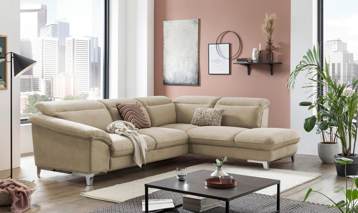 ECKSOFA in Chenille Beige  - Chromfarben/Beige, Design, Textil/Metall (293/232cm) - Livetastic