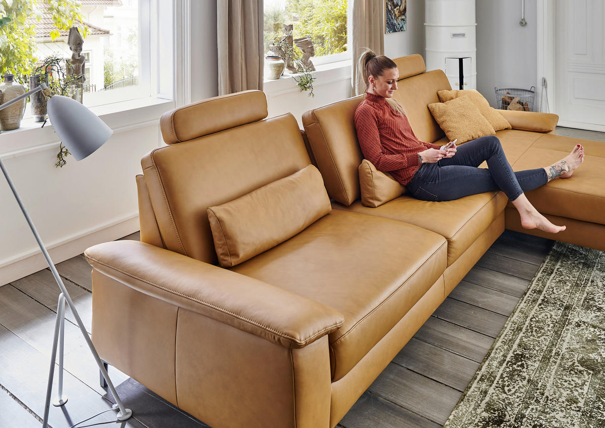 ECKSOFA  in Echtleder Currygelb  334/176 cm  - Currygelb/Schwarz, Design, Leder/Metall (334/176cm) - Dieter Knoll