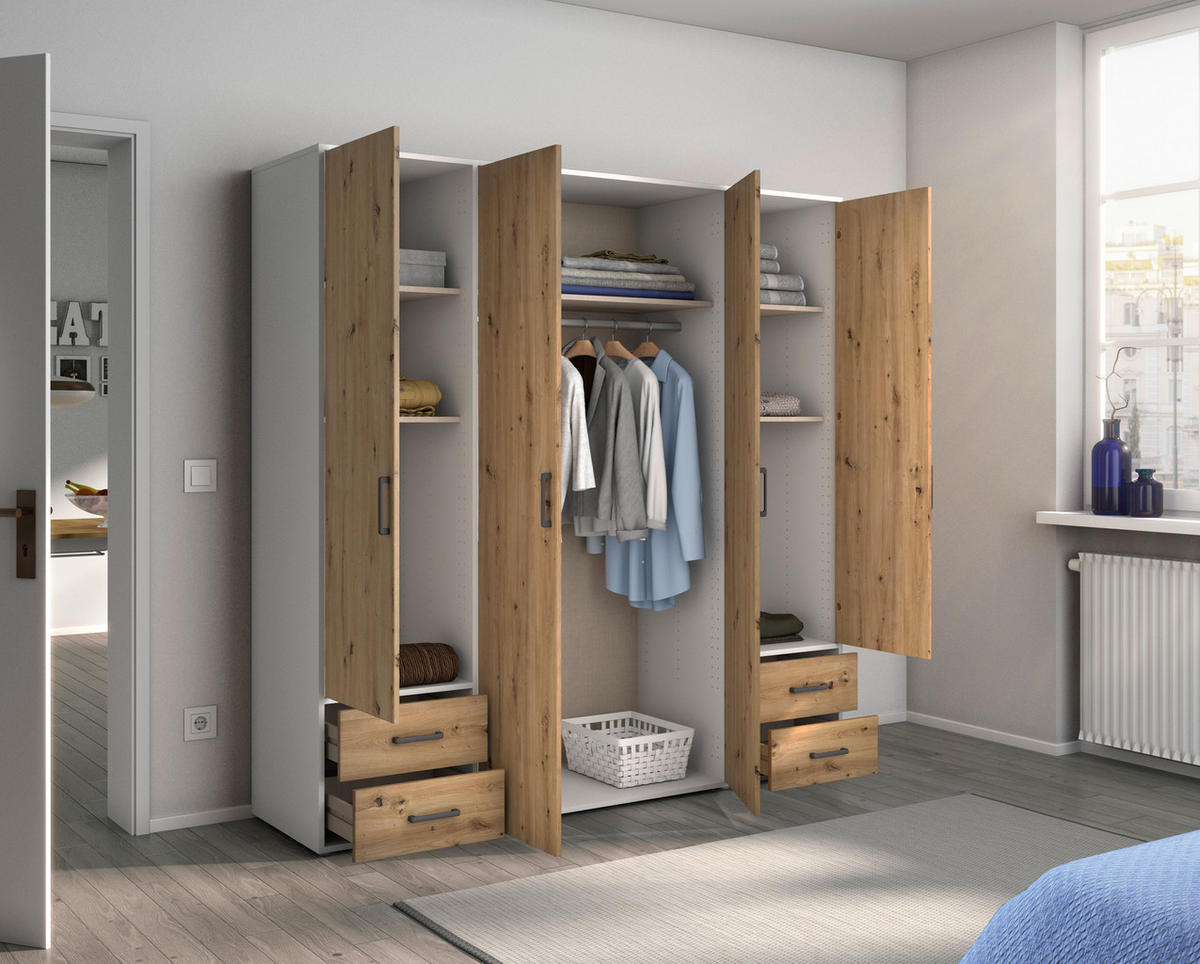 DREHTÜRENSCHRANK in Weiss, Eiche Artisan  - Weiss/Eiche Artisan, Modern, Holzwerkstoff/Kunststoff (187/194/53cm) - Rauch Möbel