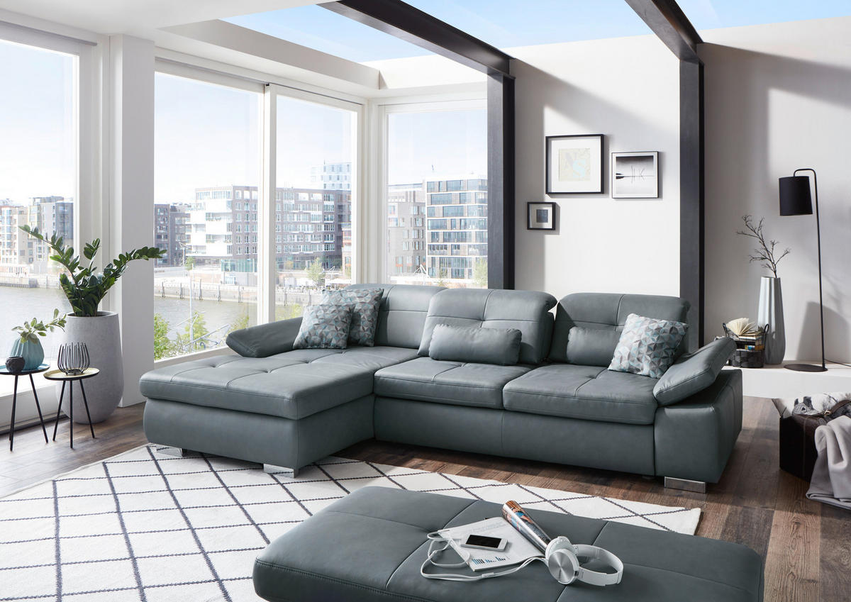 ECKSOFA in Echtleder Grau  195/309 cm  - Alufarben/Grau, Design, Leder/Metall (195/309cm) - Beldomo Premium