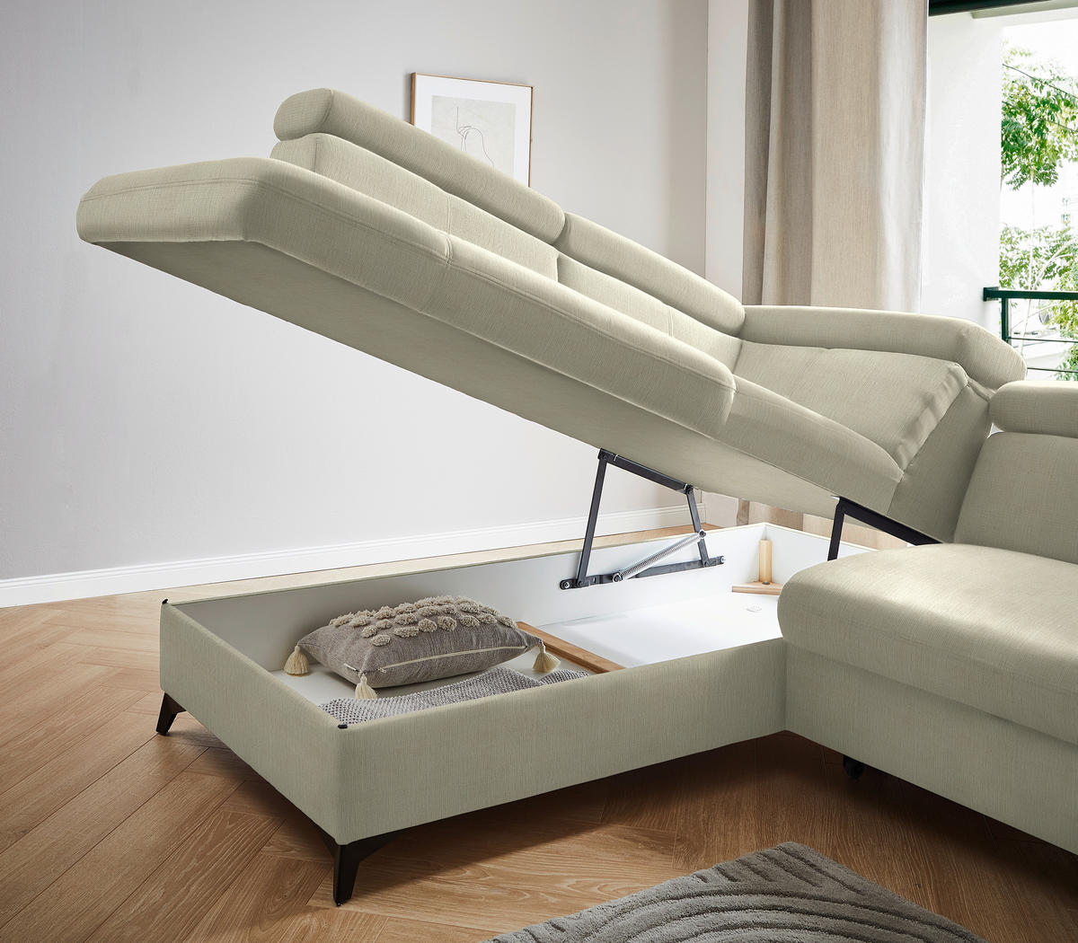 ECKSOFA in Flachgewebe Creme  - Creme/Schwarz, Design, Textil/Metall (203/260cm) - Stylife