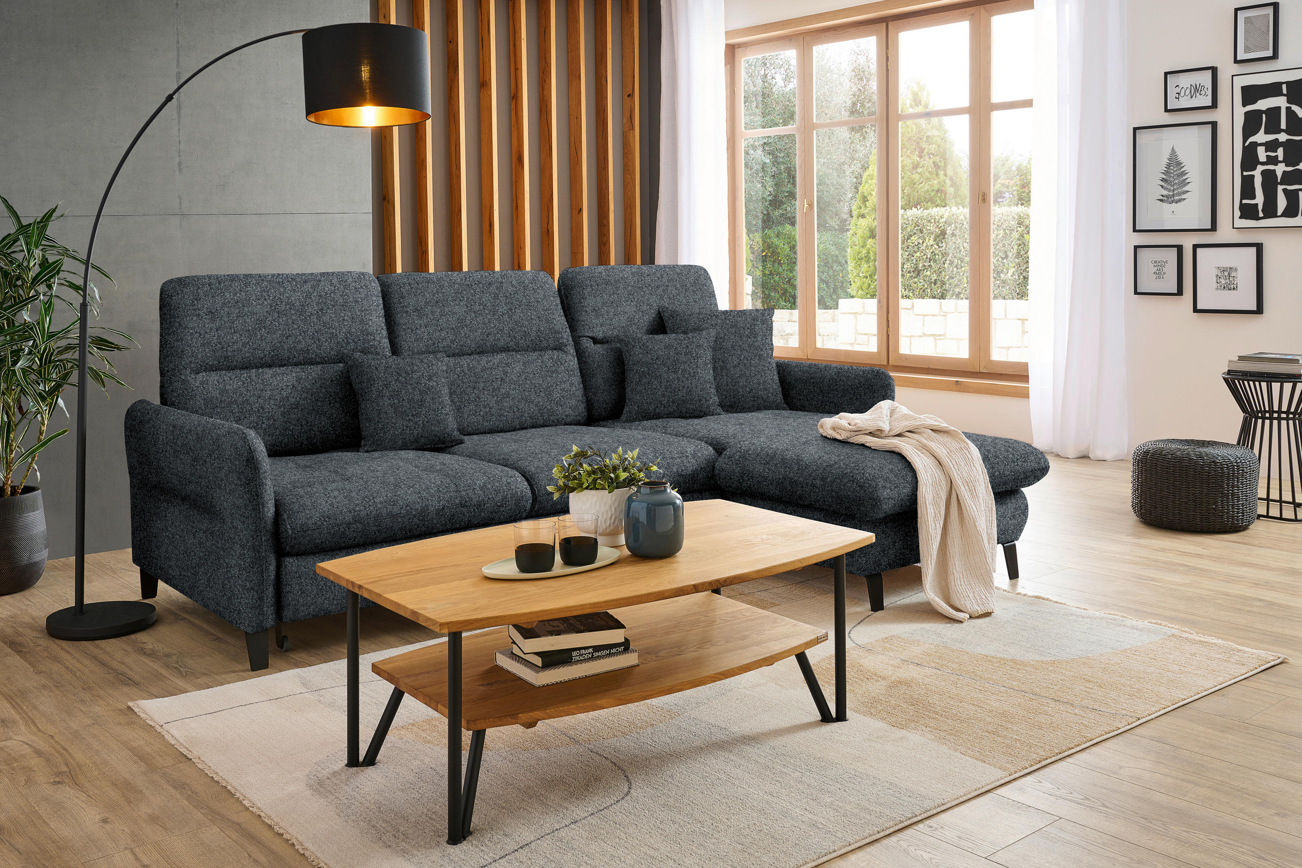 ECKSOFA Dunkelgrau Chenille  - Dunkelgrau/Schwarz, KONVENTIONELL, Textil/Metall (254/190cm) - Livetastic