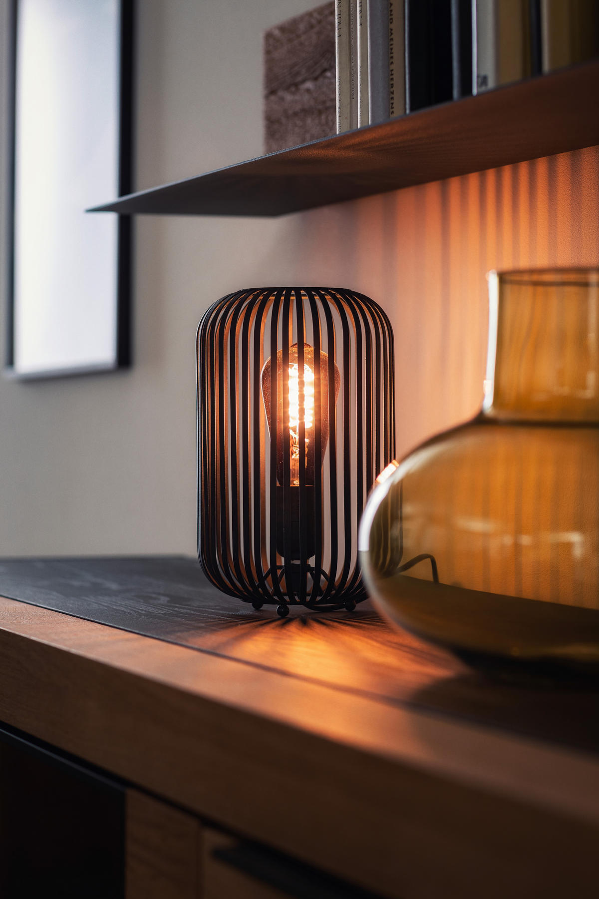 STONA LAMPA Cage  - crna/boja peska, Dizajnerski, metal/tekstil (16/25cm) - Schöner Wohnen