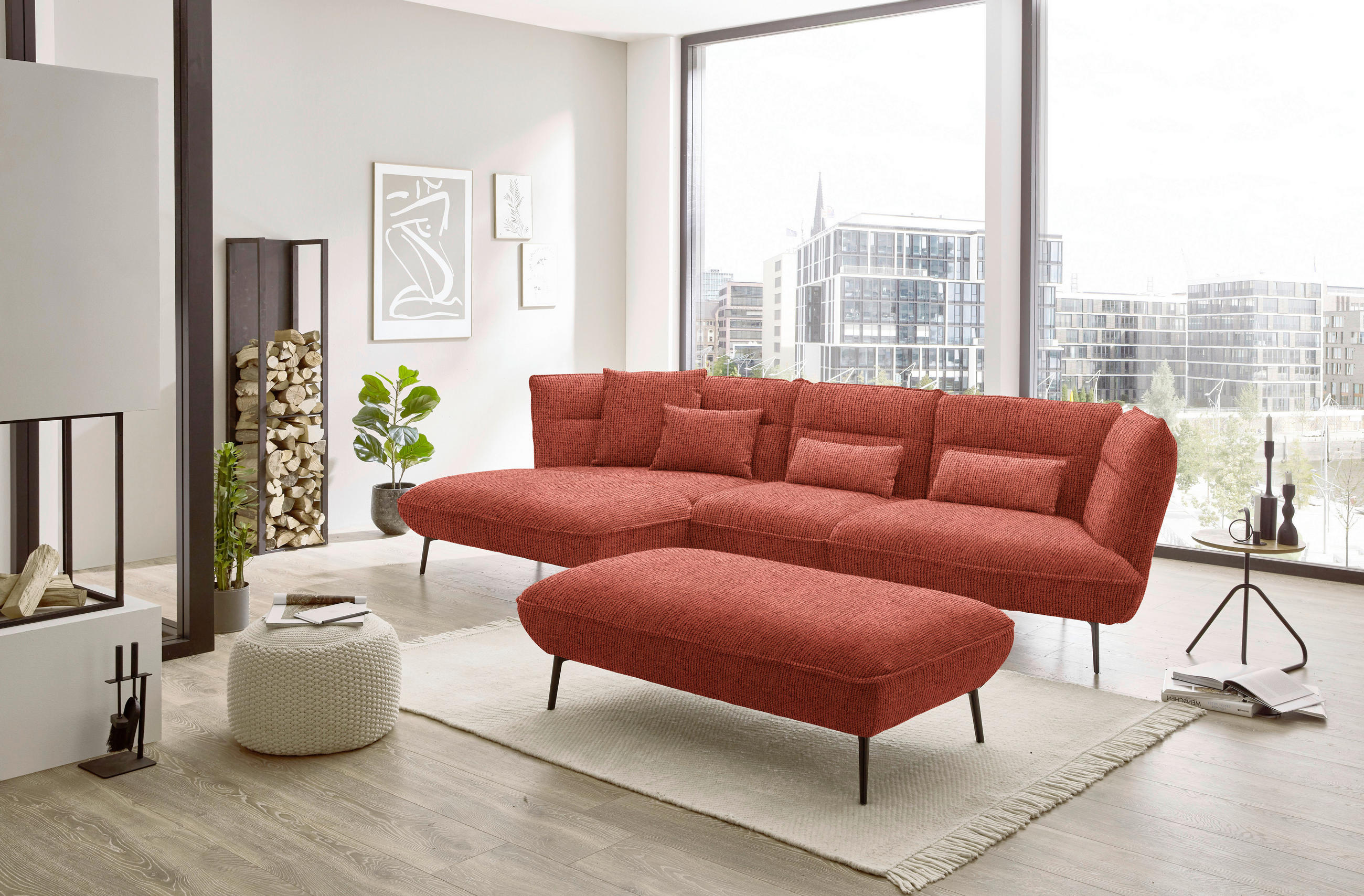 ECKSOFA in Flachgewebe Kupferfarben  - Schwarz/Kupferfarben, Design, Textil/Metall (153/339cm) - Moderano