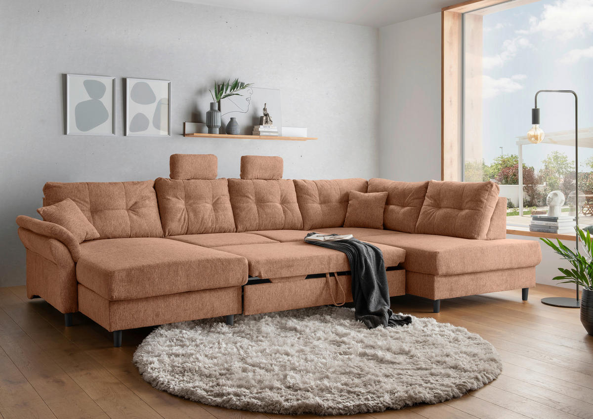 WOHNLANDSCHAFT Koralle Chenille  - Koralle/Schwarz, MODERN, Holz/Textil (176/338/206cm) - Livetastic