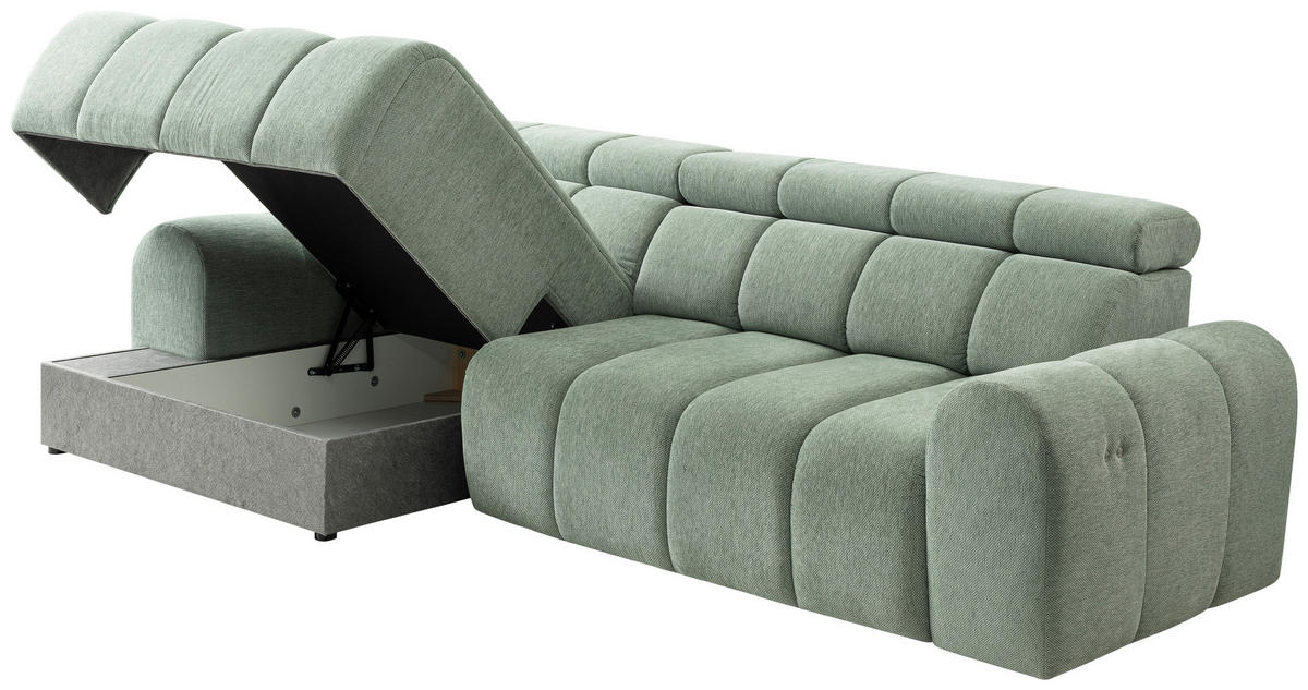 ECKSOFA Salbeigrün Chenille Bettkasten, Rücken echt, Kopfteilverstellung, Sitzvorzug  - Salbeigrün/Schwarz, Design, Kunststoff/Textil (290/152cm) - Stylife