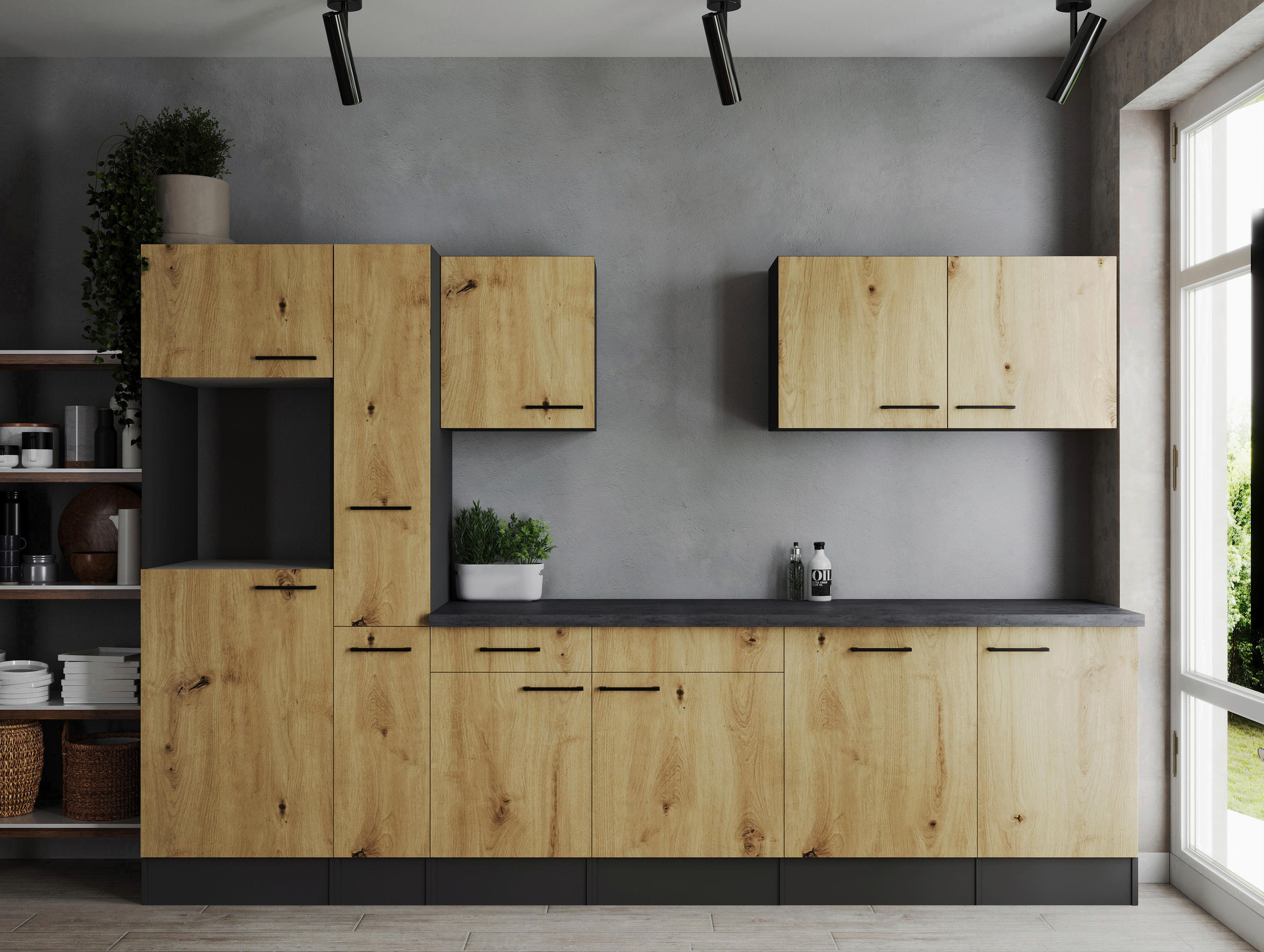MODULKÖK UTAN VITVAROR 310 cm   i ek Artisan  - svart/grå, Design, metall/trämaterial (310cm) - Respekta